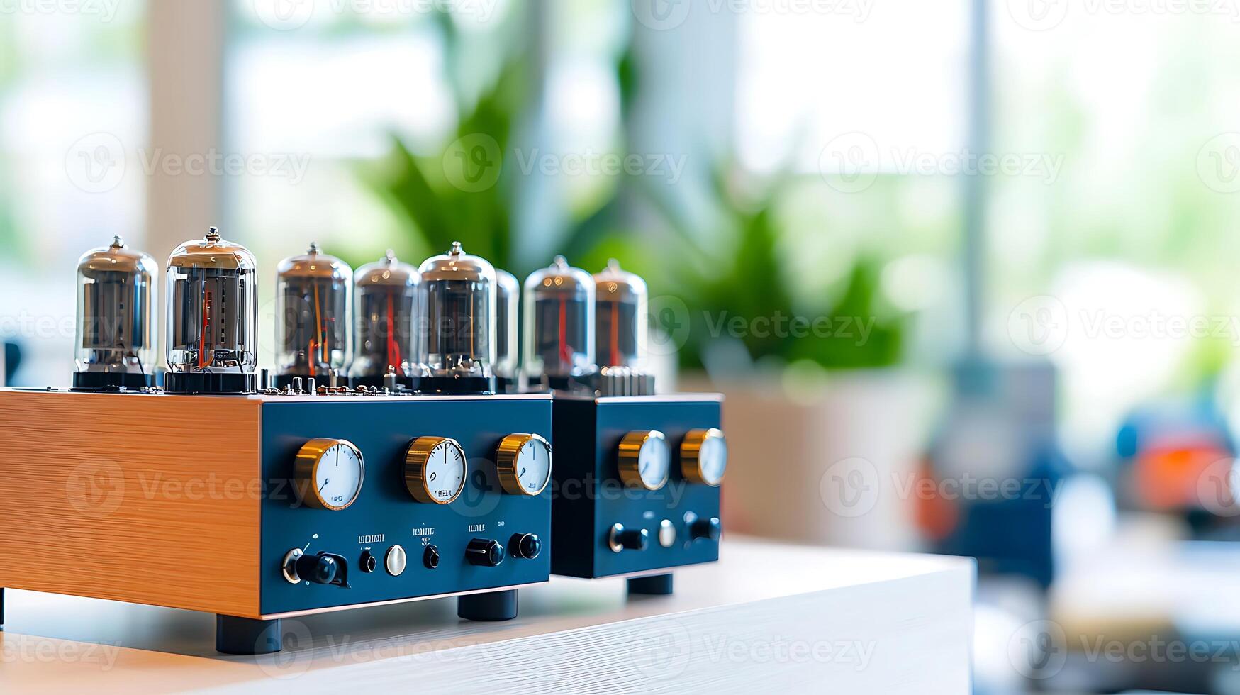 Vintage audio amplifiers with glowing tubes displayed on a modern shelf in a bright room photo