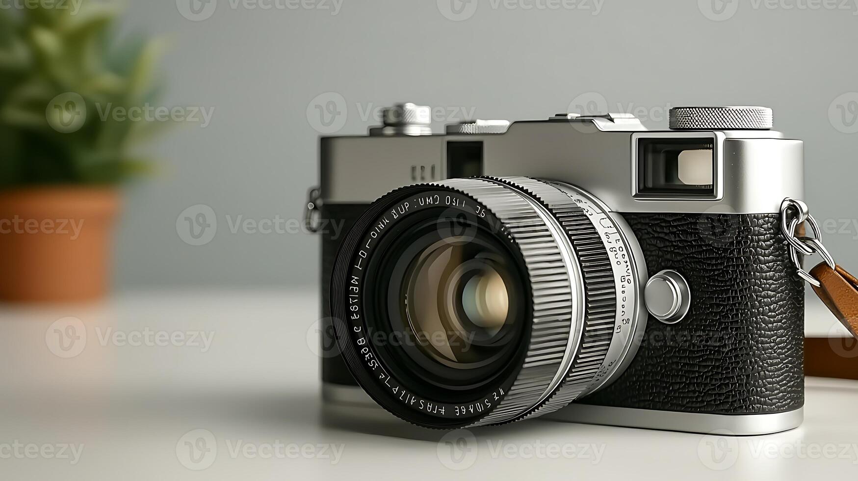 Vintage camera with a sleek design positioned on a table near a potted plant in a soft-lit room photo