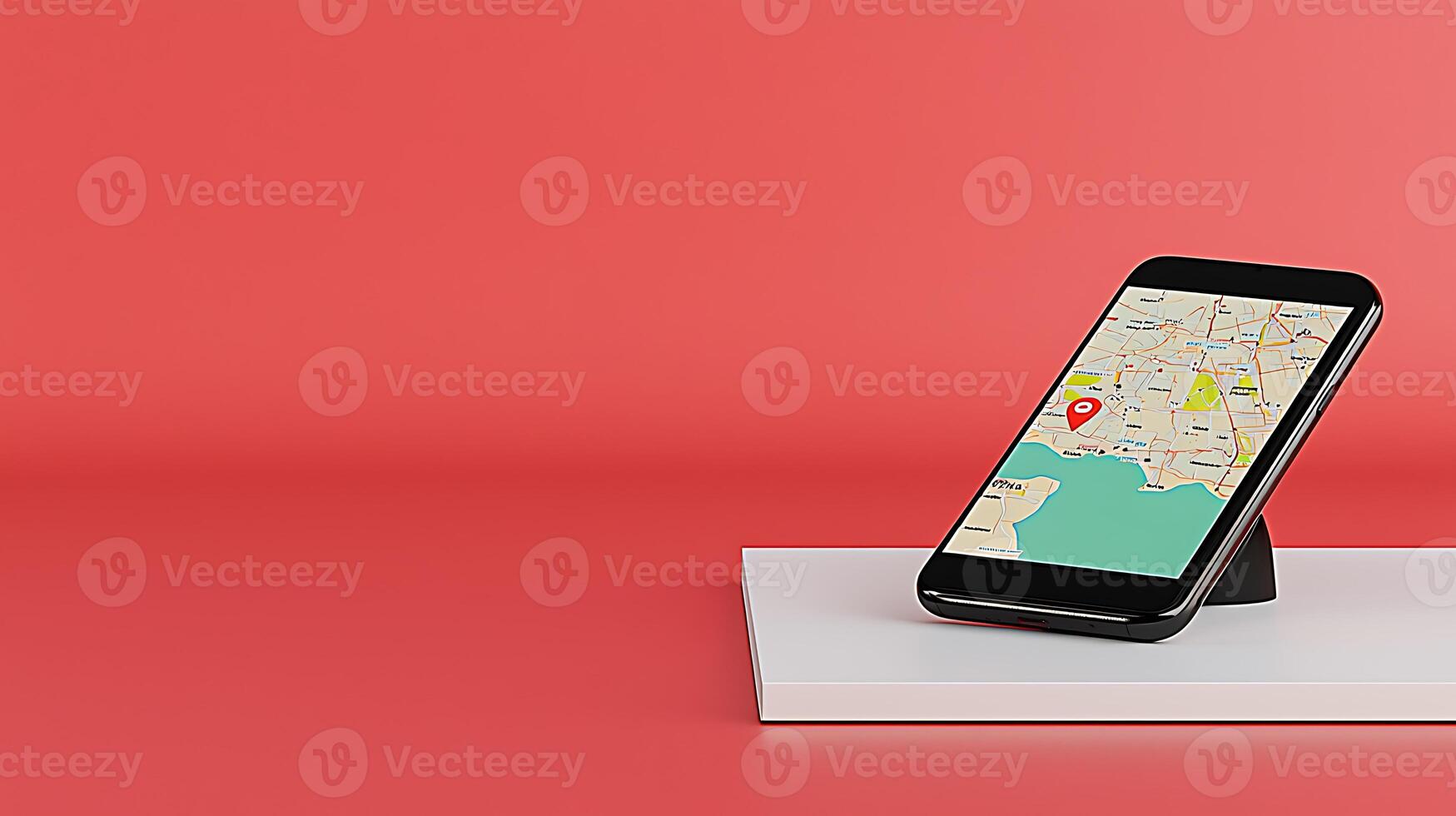 Smartphone displaying a map on a minimalist stand against a vibrant red background photo