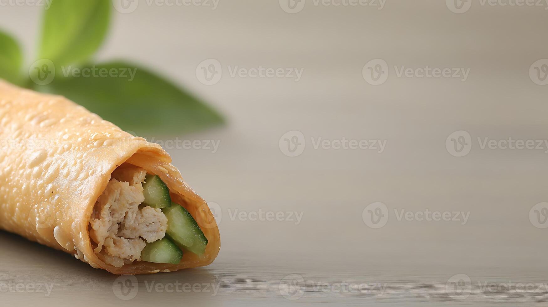 Close-up of a crispy rolled snack filled with chicken and cucumber on a neutral background photo