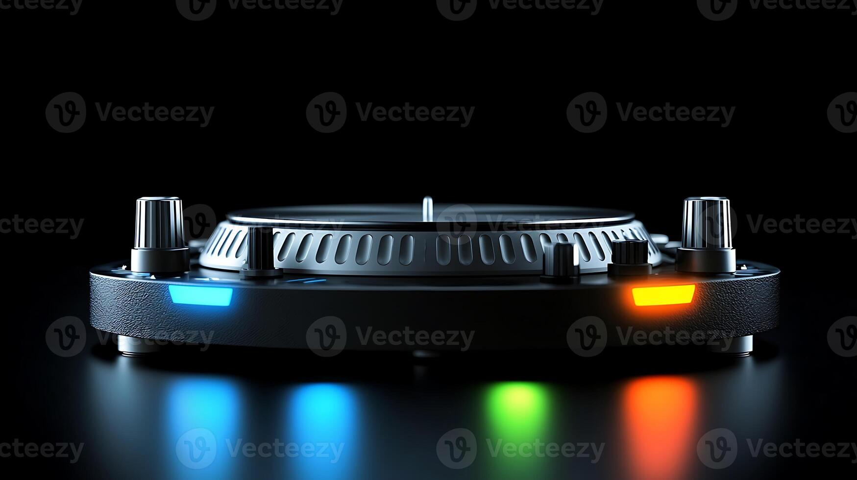 Close-up view of a modern DJ turntable with illuminated buttons on a black background photo