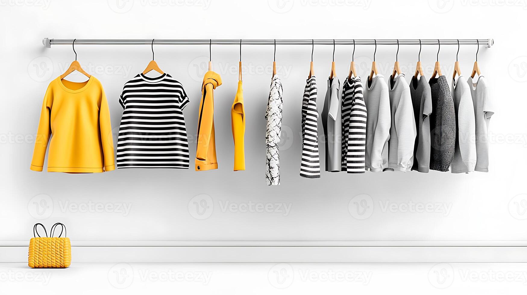 Stylish clothing display featuring yellow and gray garments on hangers against a minimalist background photo