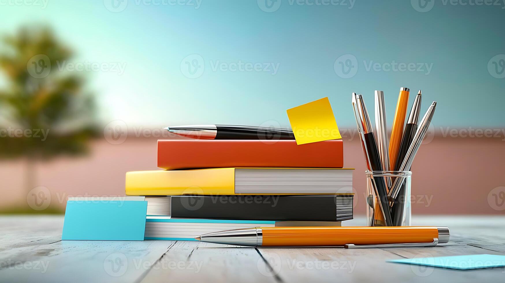 A vibrant arrangement of colorful books and stationery on a wooden table with a blurred background photo