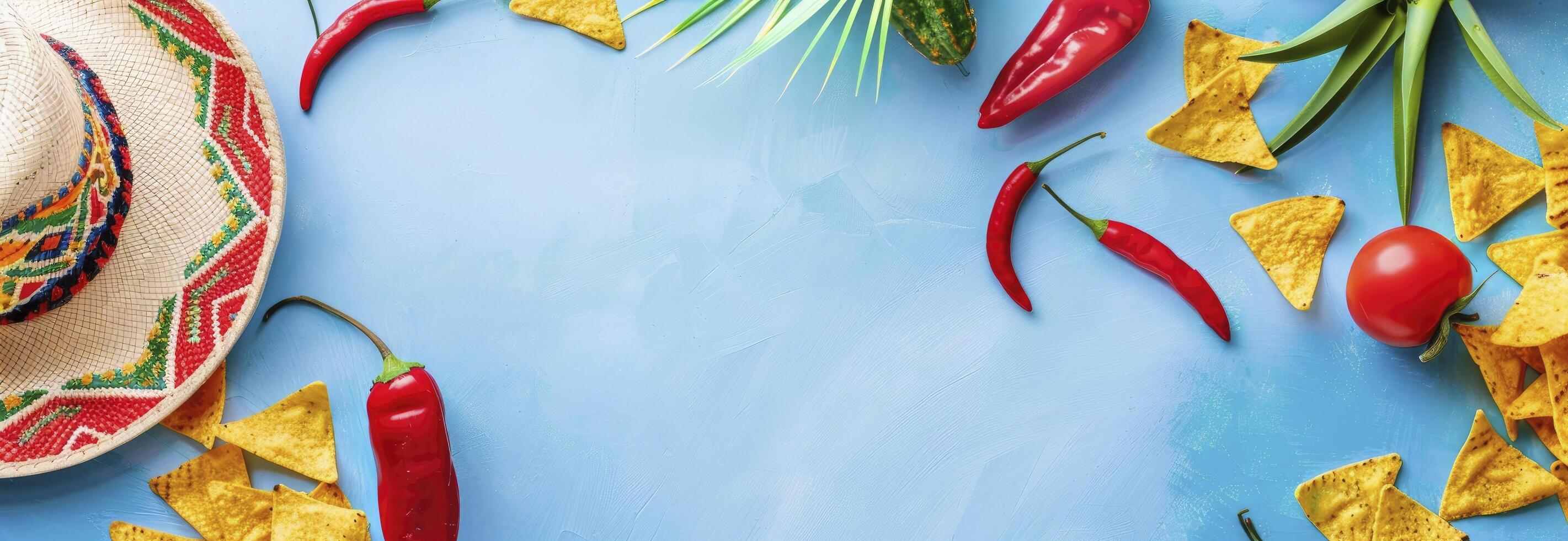 Mexican theme decorations including sombrero hat, cactus and chili with tortilla chips on light blue background with copy space. photo