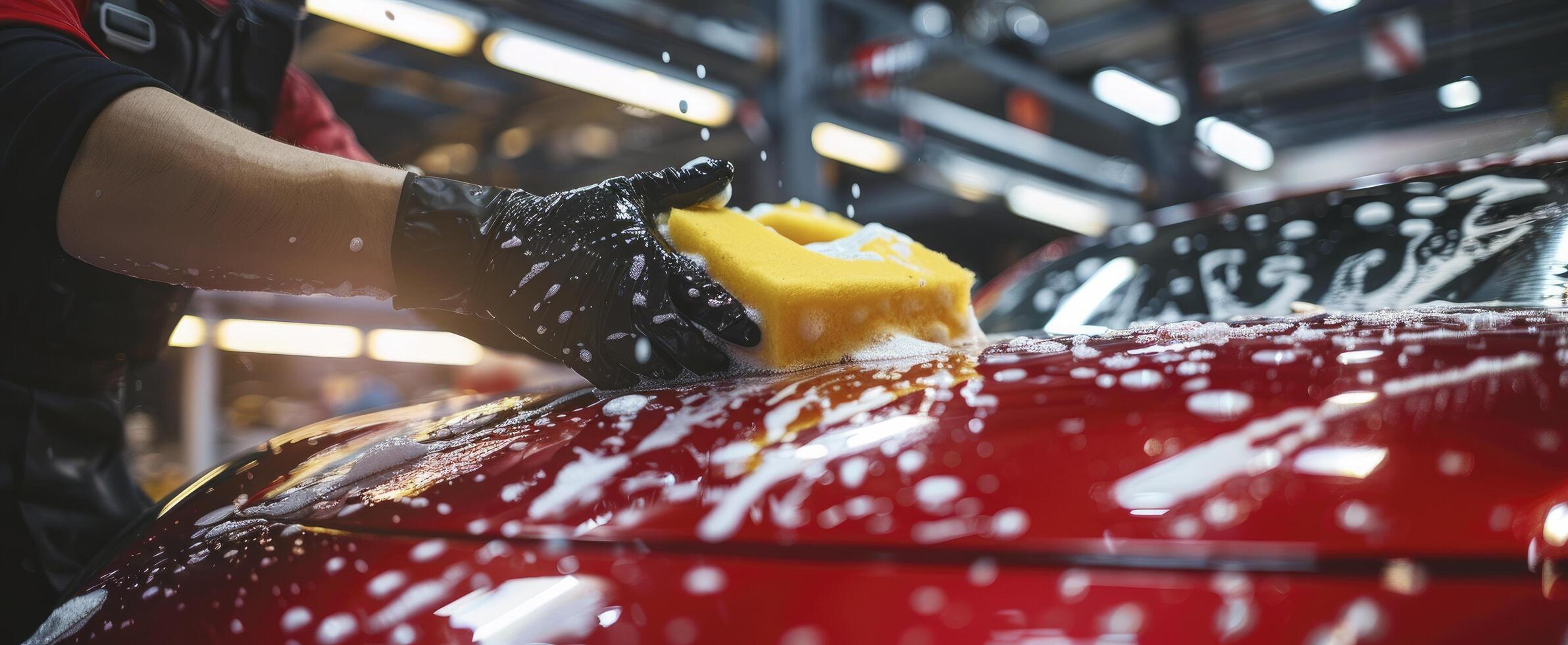 A person washing a car with a sponge photo