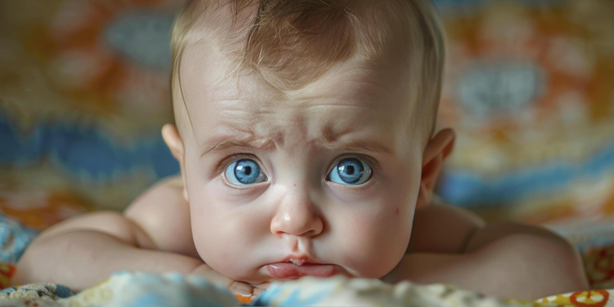 A baby with blue eyes laying on a blanket photo