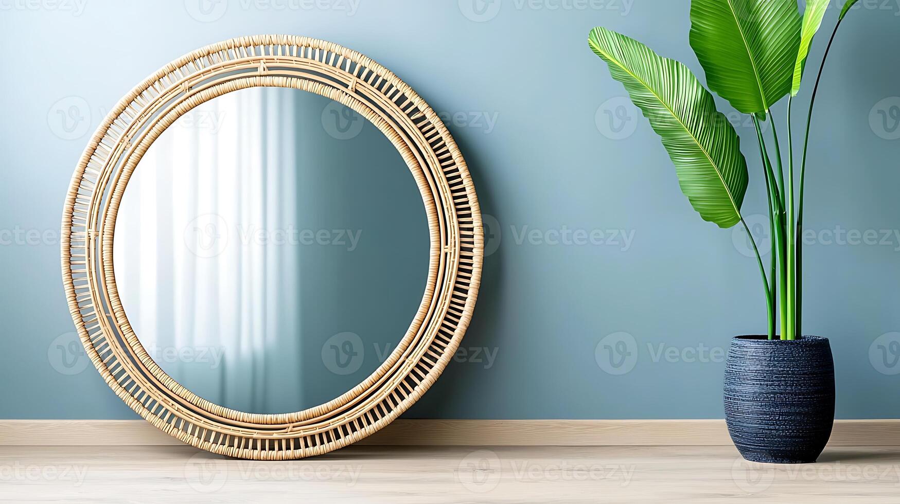 Stylish round mirror reflecting light in a modern room with a potted plant beside it photo