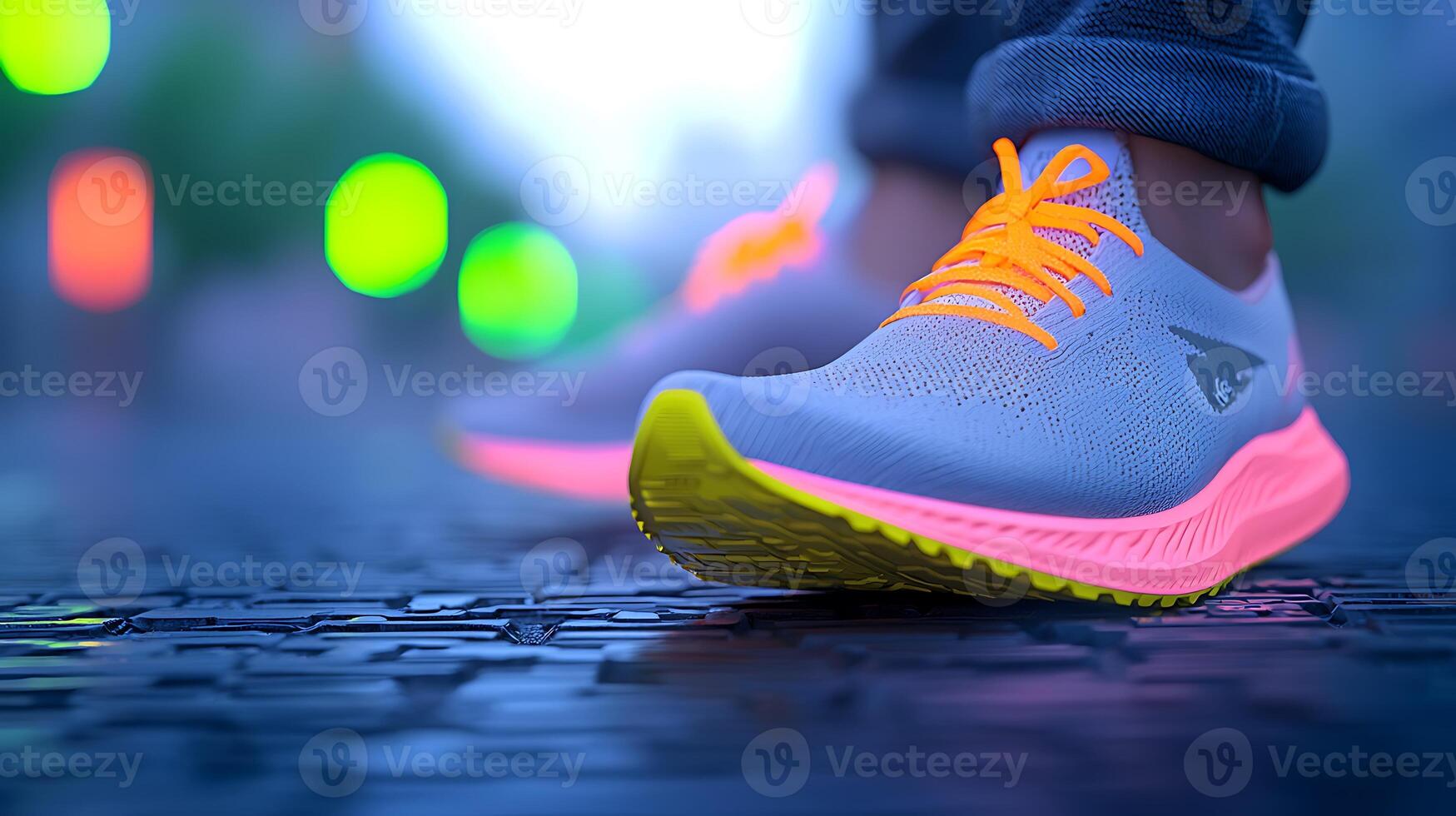 Close-up of vibrant running shoes on a wet street at night with blurred city lights in background photo