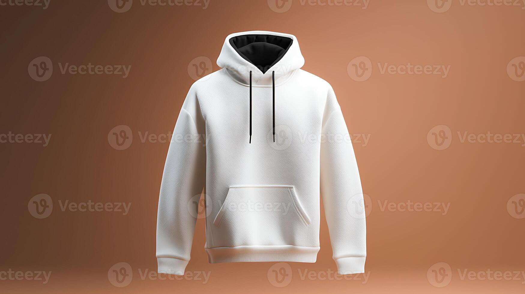 White hoodie with black interior displayed against a warm gradient background, emphasizing texture photo
