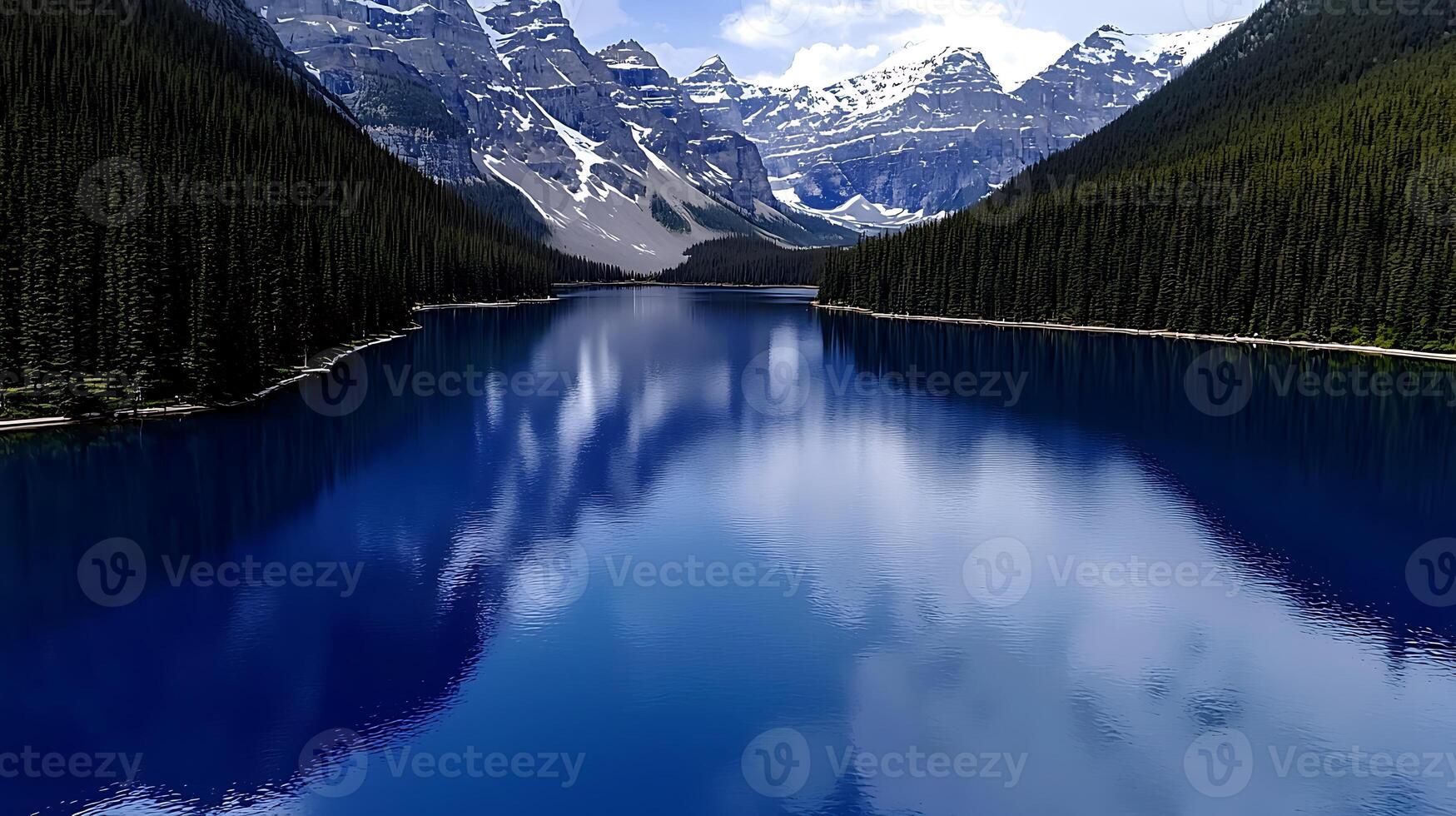 Serene mountain lake reflecting the sky and peaks, surrounded by lush green forests photo