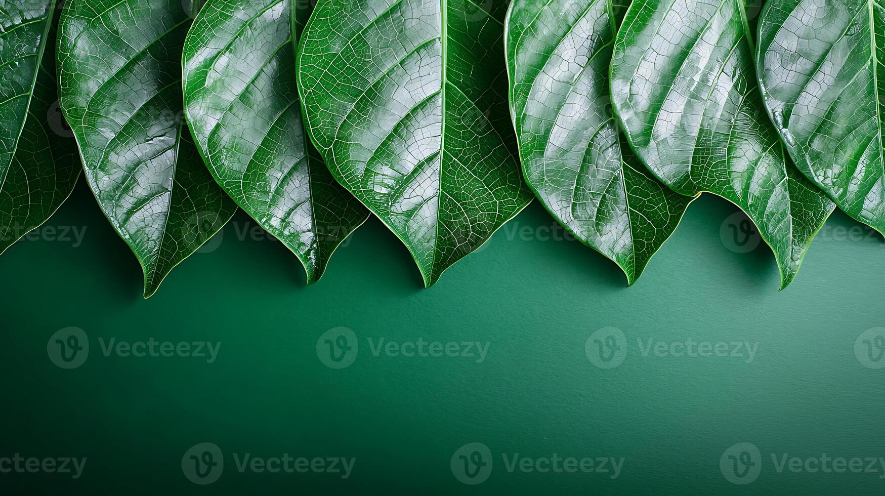 Lush green leaves arranged elegantly on a dark green background, symbolizing nature's beauty photo