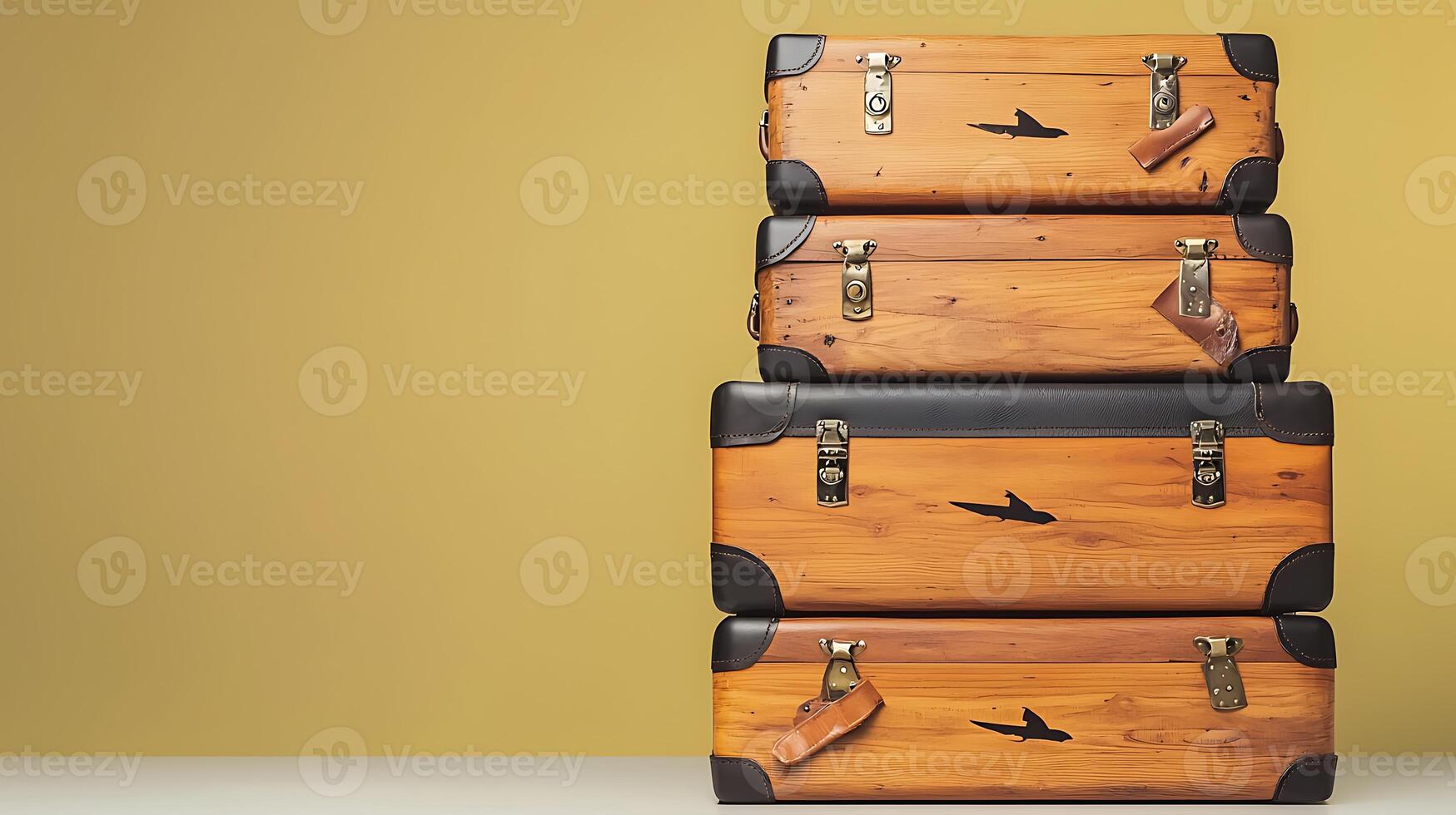 Stacked vintage wooden suitcases against a warm yellow backdrop, evoking travel nostalgia photo