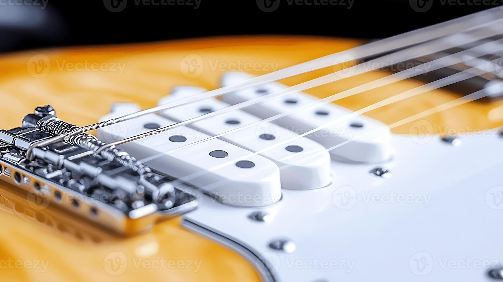 Close-up of an electric guitar showcasing its strings, pickups, and body design against a dark background photo