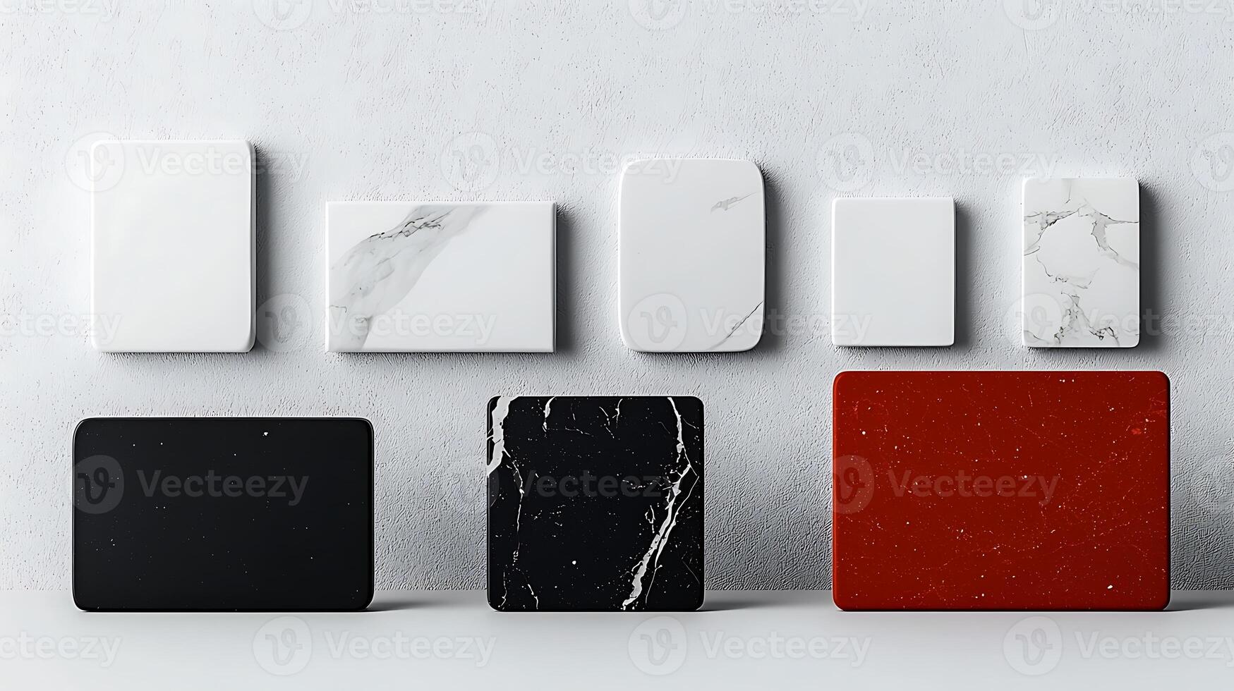Various marble and stone samples displayed on a wall, showcasing different colors and textures photo