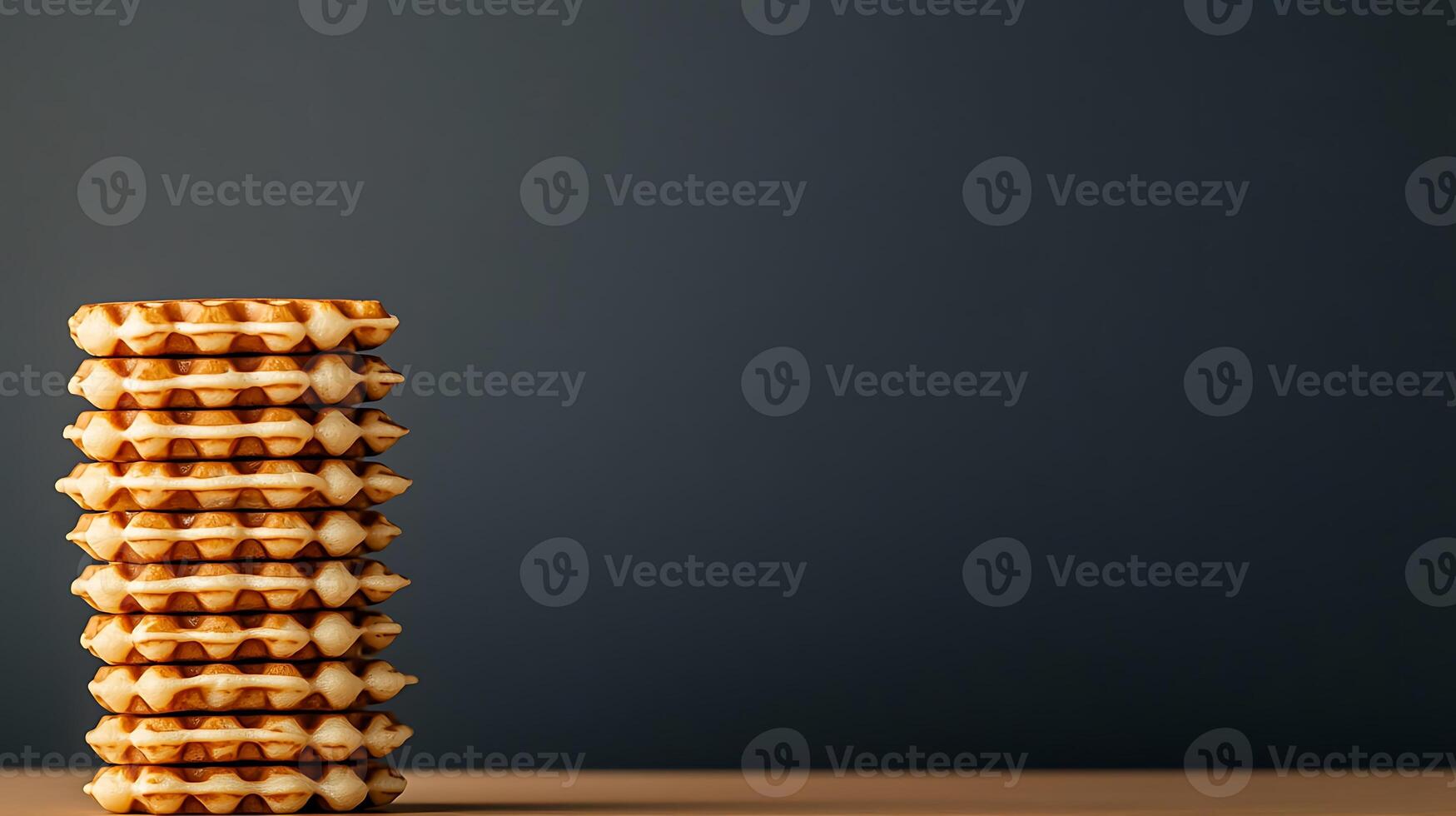 Stack of golden-brown waffles on a wooden table against a dark gray background photo