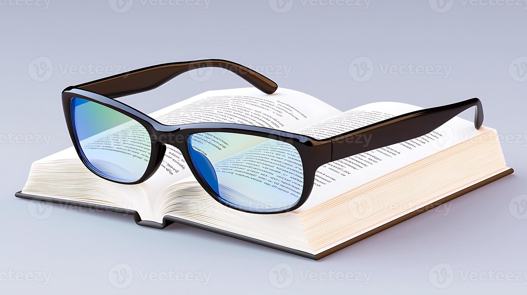 Stylish sunglasses resting on an open book, with a soft gradient background, ideal for education photo