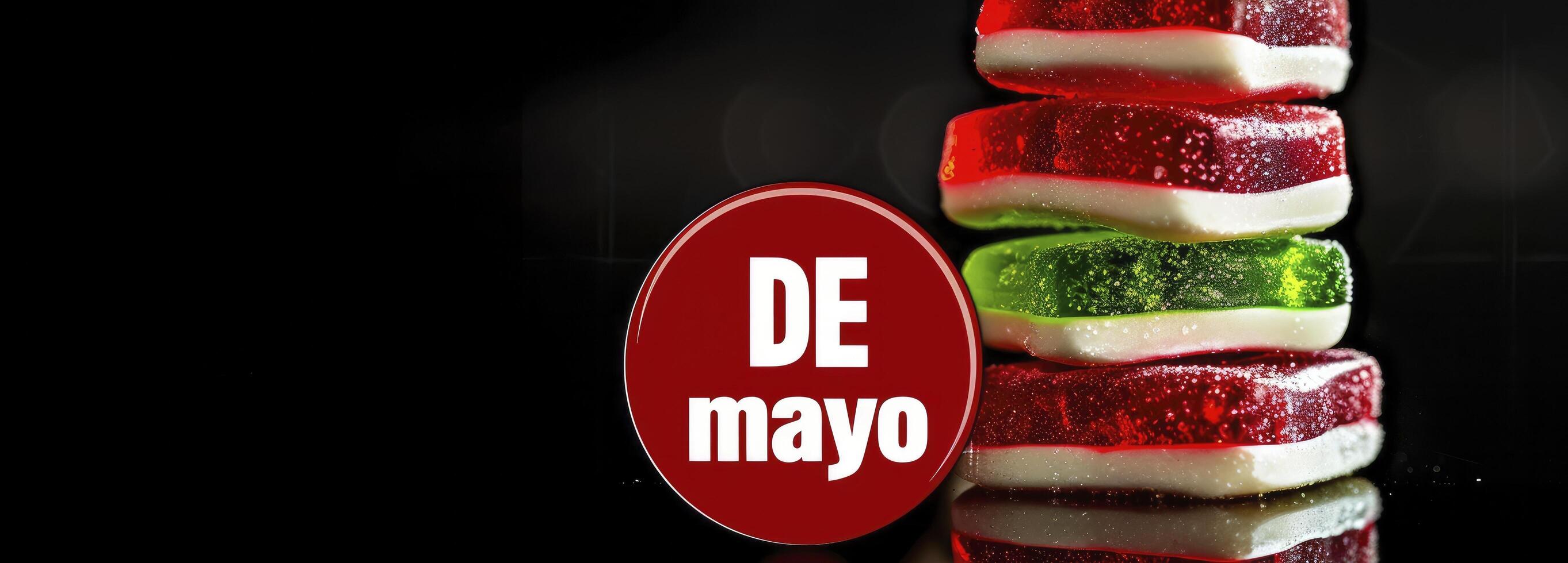 A stack of red, white and green candy on top of each other with the words 05 DE mayo written in bold letters next to it, black background, red round sticker shape with rounded edges. photo