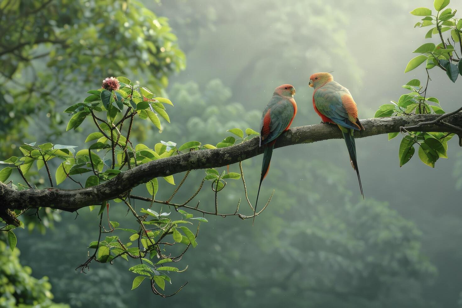 A pair of beautiful vibrant birds sat on a branch of an old tree and sunlight filtering through dense foliage in mountainous areas photo