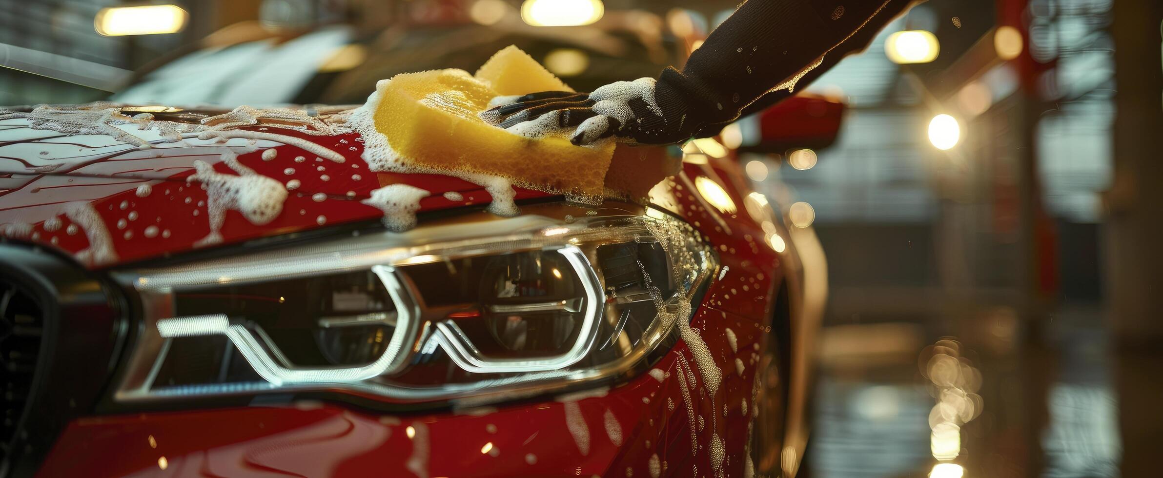 A person washing the front of a red car photo