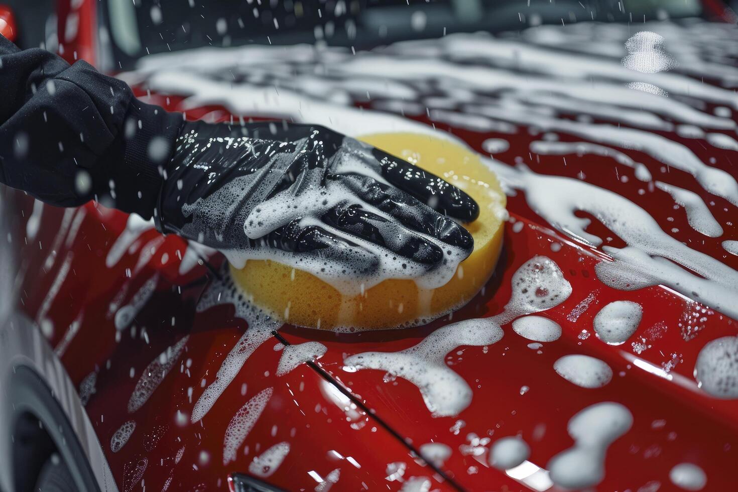 A person washing a car with a sponge photo