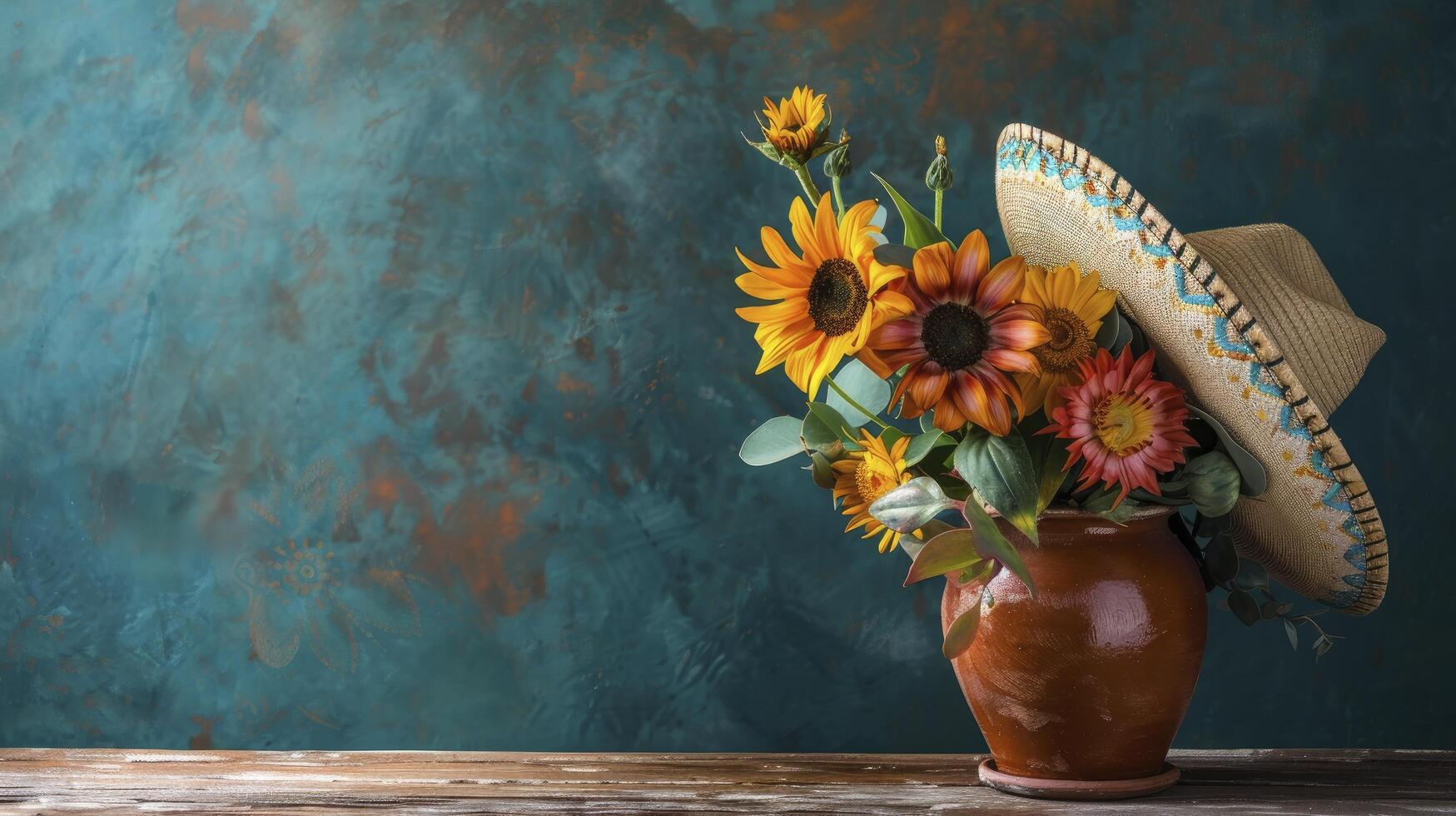 vibrant orange flower arrangement with cacti and sunflowers in an earthenware pot, placed next to the sombrero hat on top of a wooden table against a dark blue wall background. photo