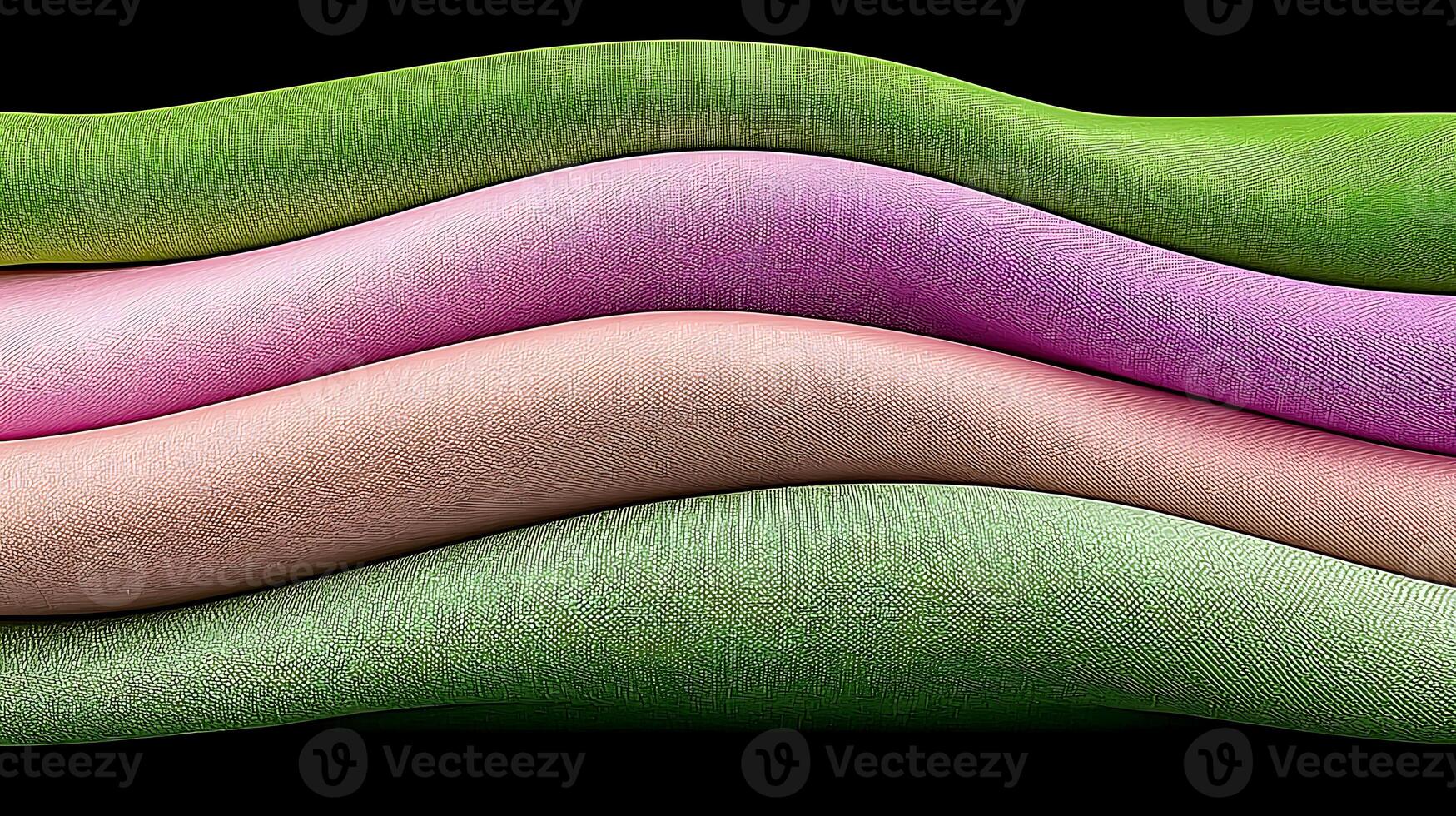 Colorful, textured fabric rolls stacked in waves, showcasing vibrant hues against a dark background photo