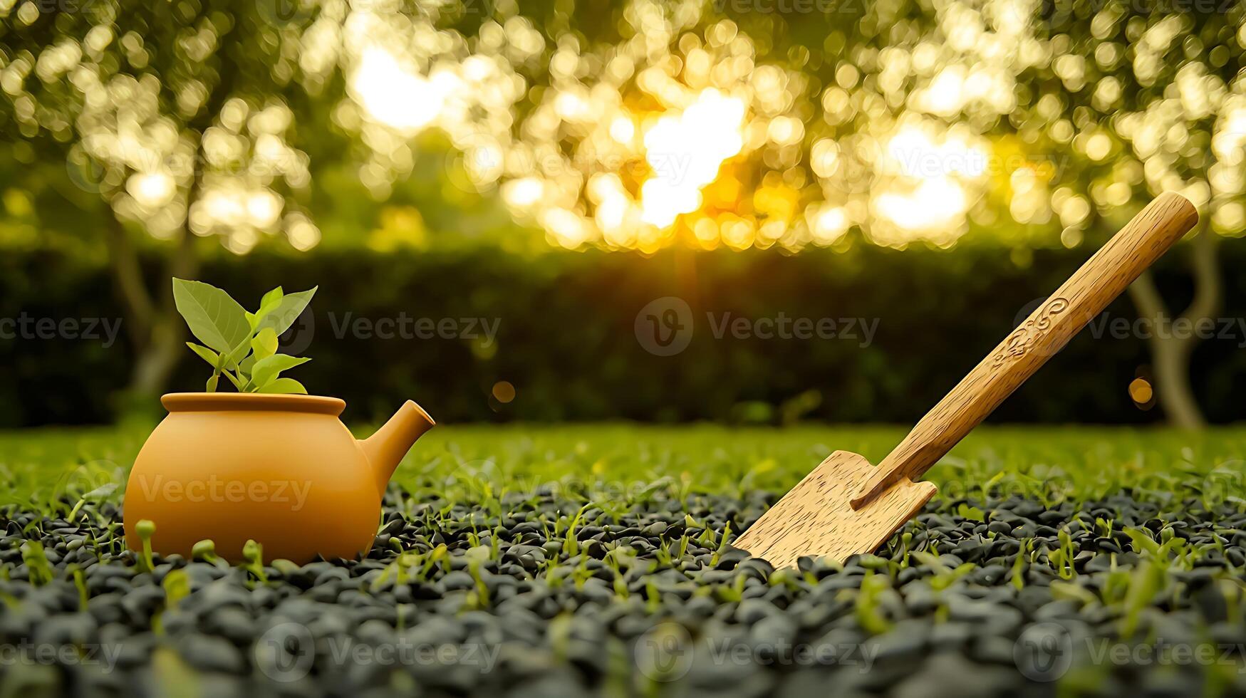 A serene garden scene at sunset featuring a watering can and a small plant in a pot photo