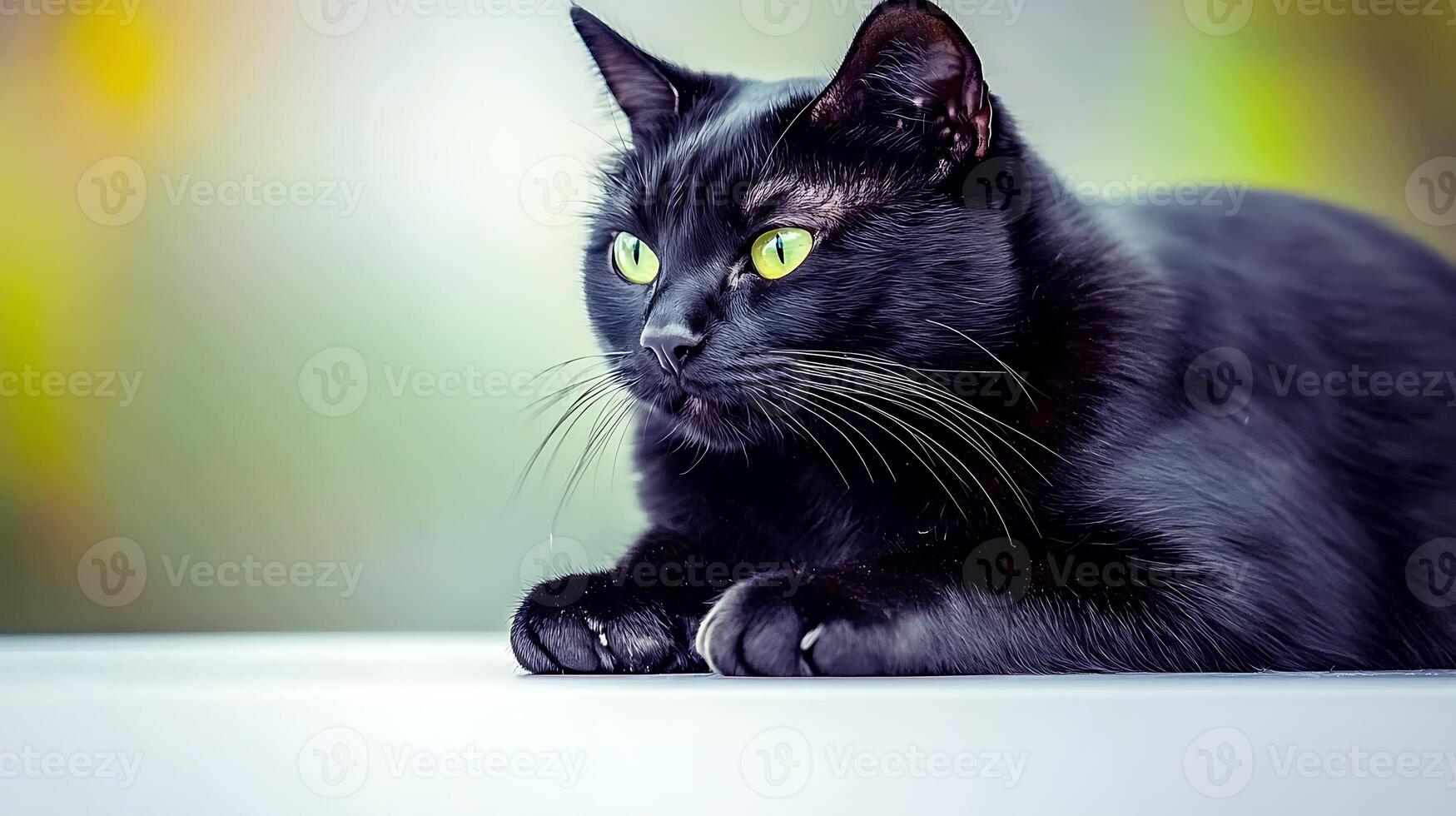 Black cat with striking green eyes resting peacefully on a surface, soft background blur photo