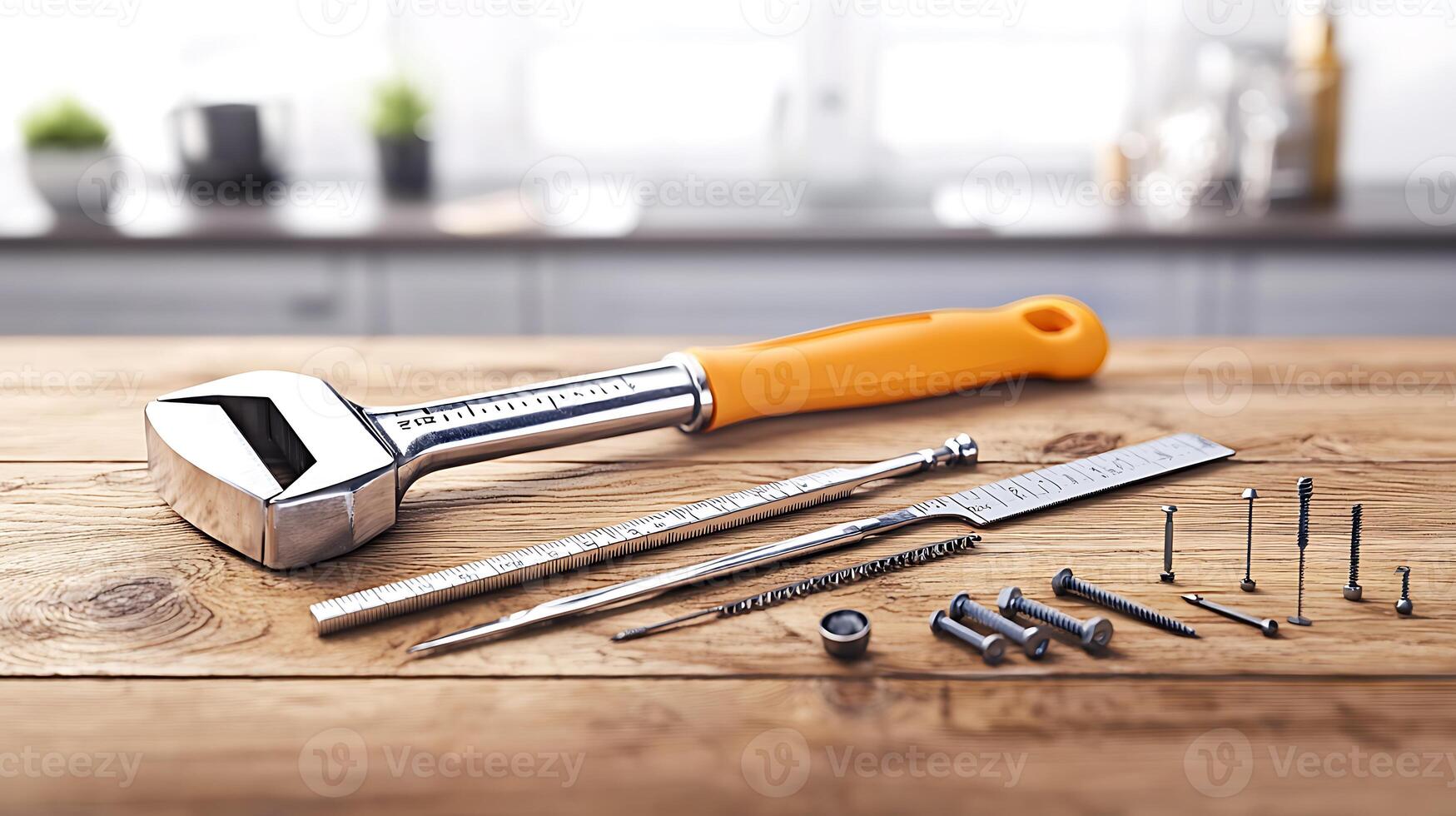 A collection of hand tools including a wrench, ruler, and various screws on a wooden table in a workshop photo