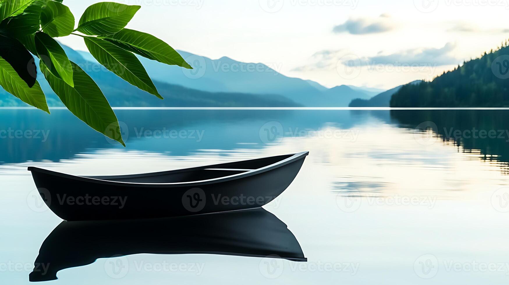 Tranquil lake scene with a solitary boat reflecting on calm waters surrounded by mountains photo