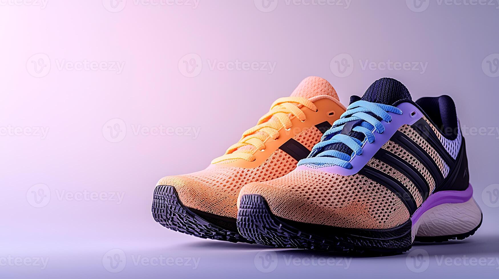 A vibrant pair of athletic shoes showcasing a dynamic color blend against a soft gradient backdrop photo