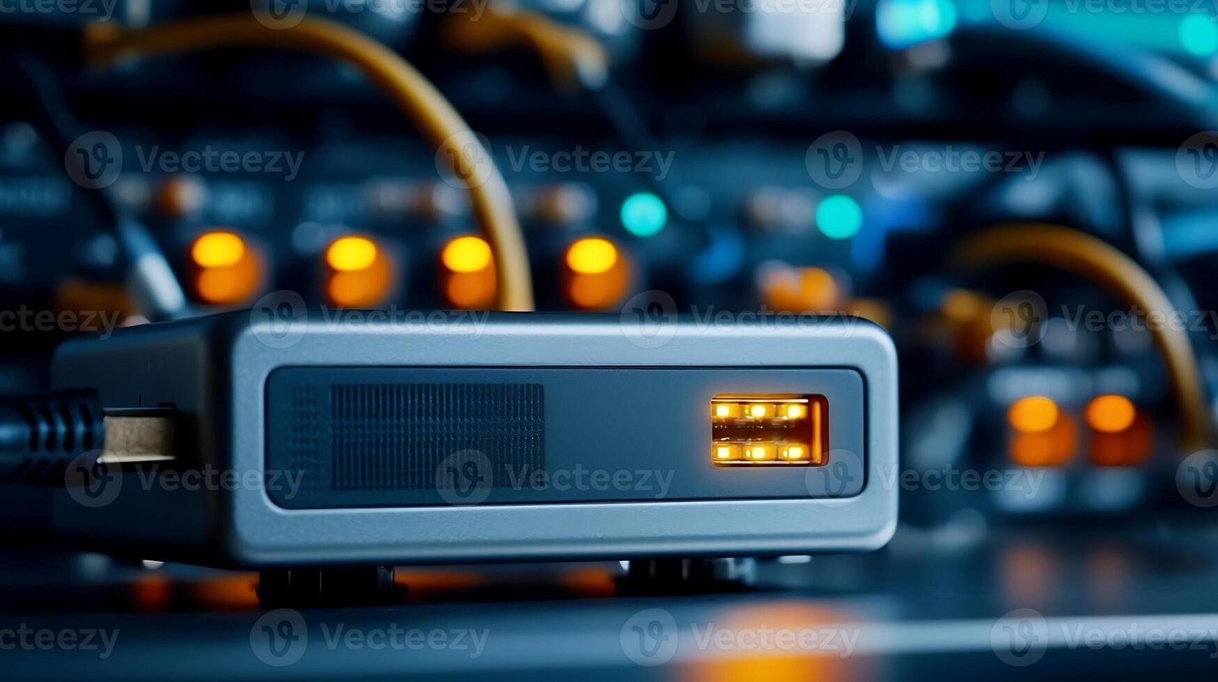 Close-up of a modern electronic device with glowing indicators amidst a tech-filled environment photo