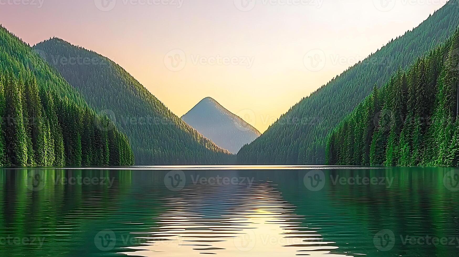 Serene mountain lake at sunrise, surrounded by lush forests and distant peaks reflecting on water photo