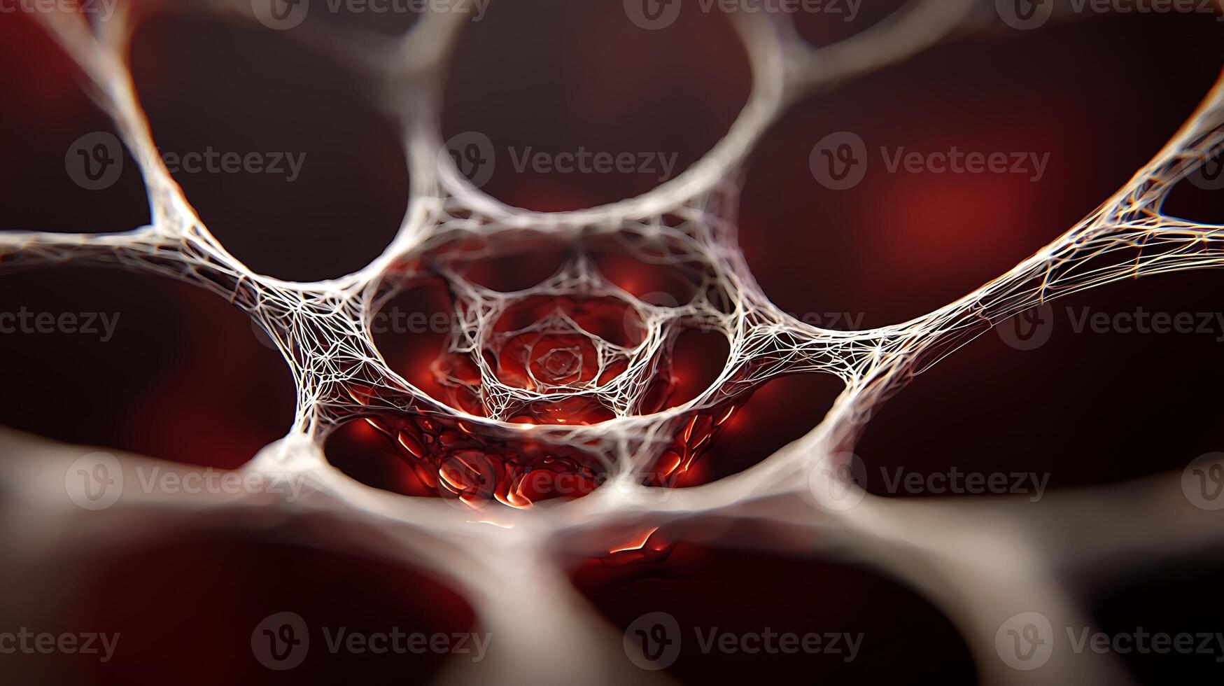 Intricate close-up of a cellular structure showcasing interconnected fibers and red hues photo