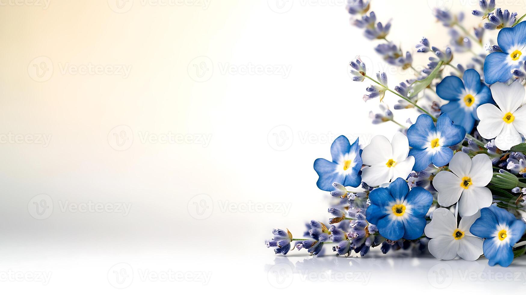 A vibrant bouquet of blue and white flowers with lavender against a soft, blurred background photo