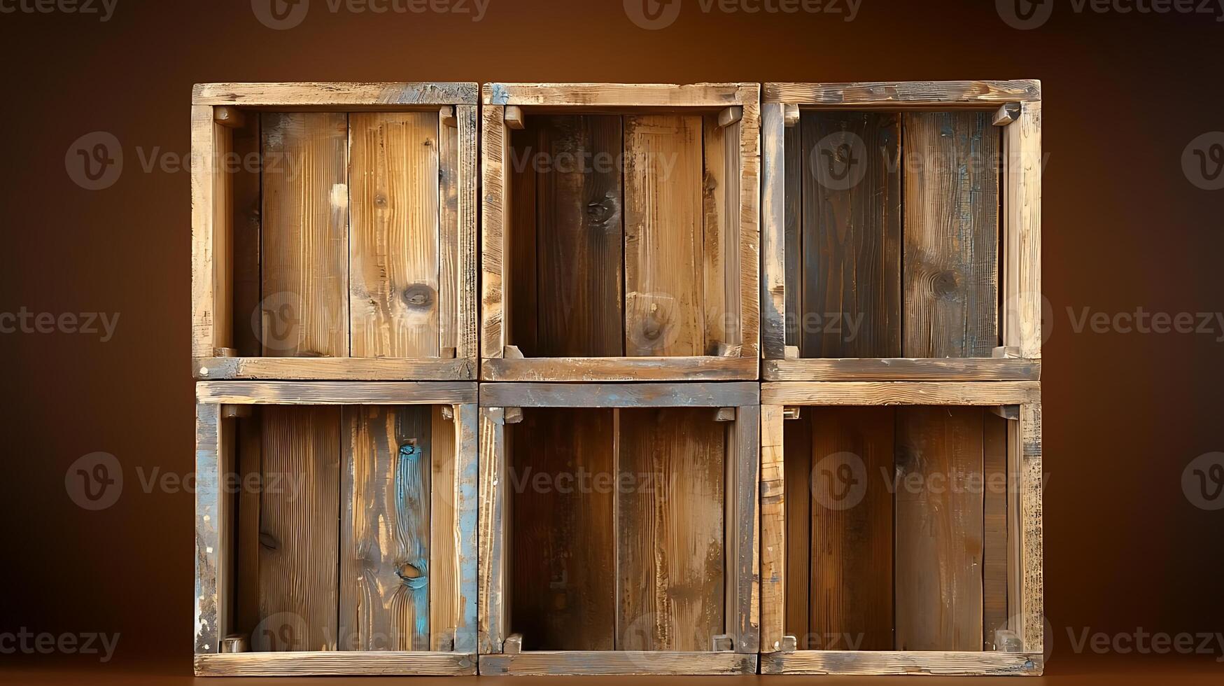 Rustic wooden crates arranged in a grid, showcasing their natural texture and color variations photo