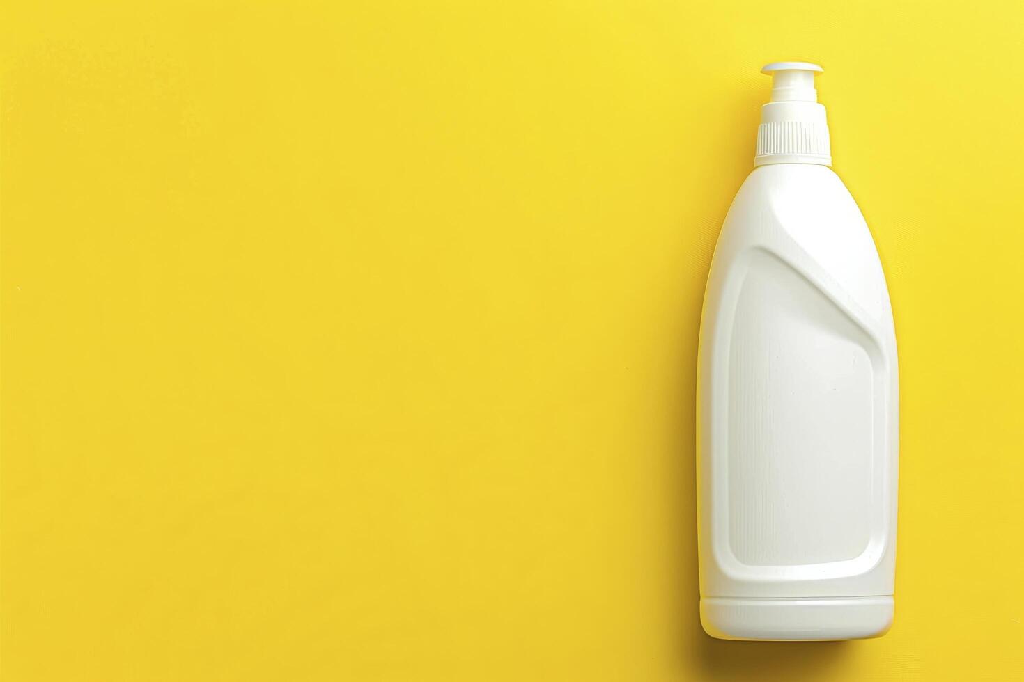 A bottle of liquid soap is on a yellow background photo