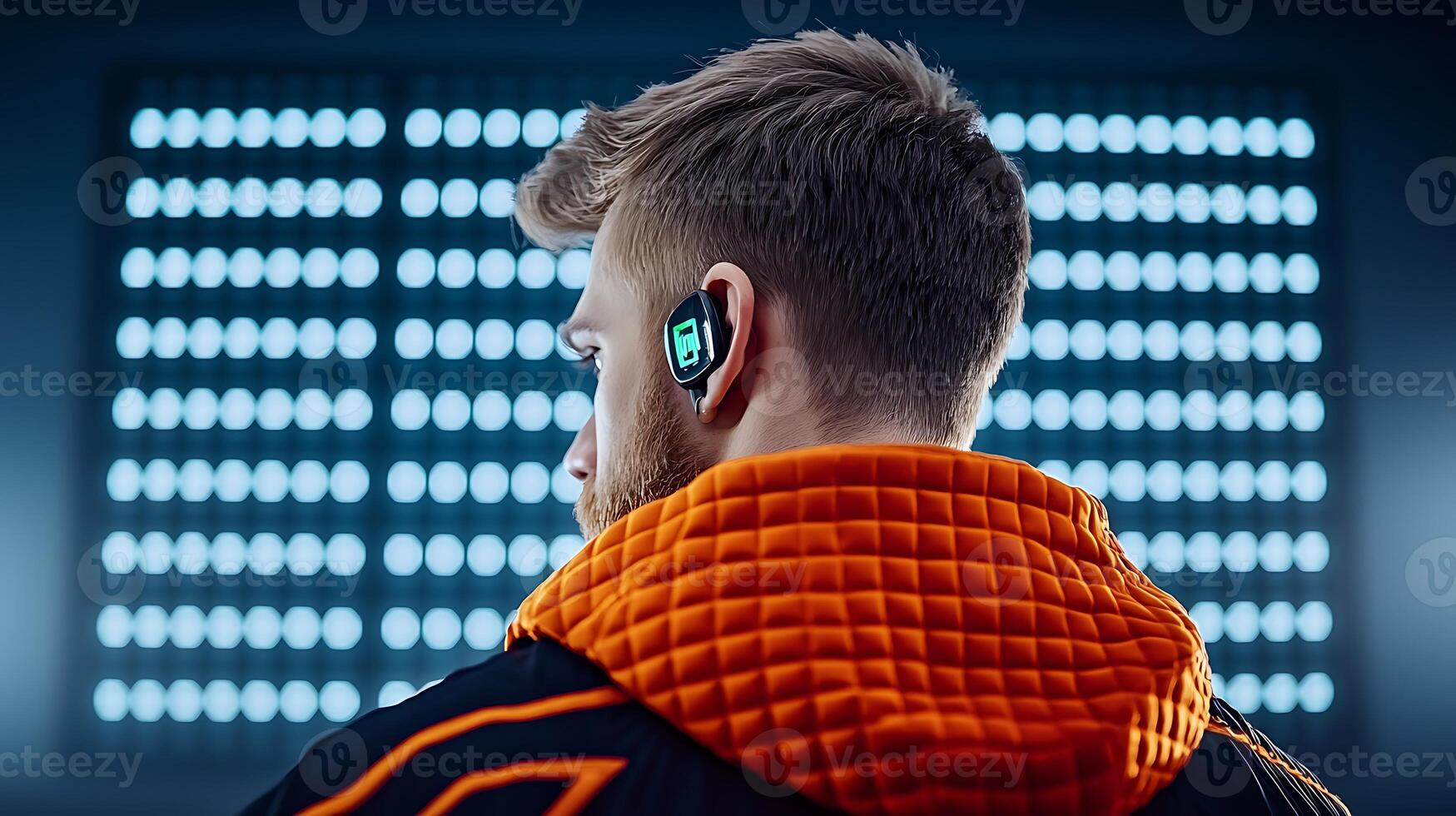 Young man with futuristic earbud stands before illuminated backdrop, showcasing technology photo