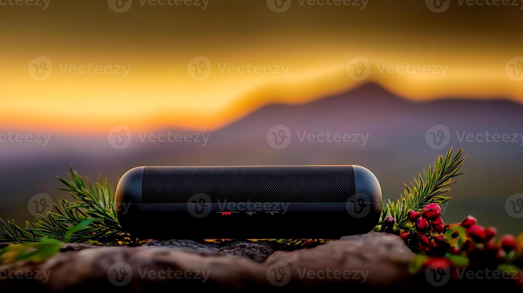 Portable speaker resting on a stone with greenery, against a sunset backdrop in nature photo