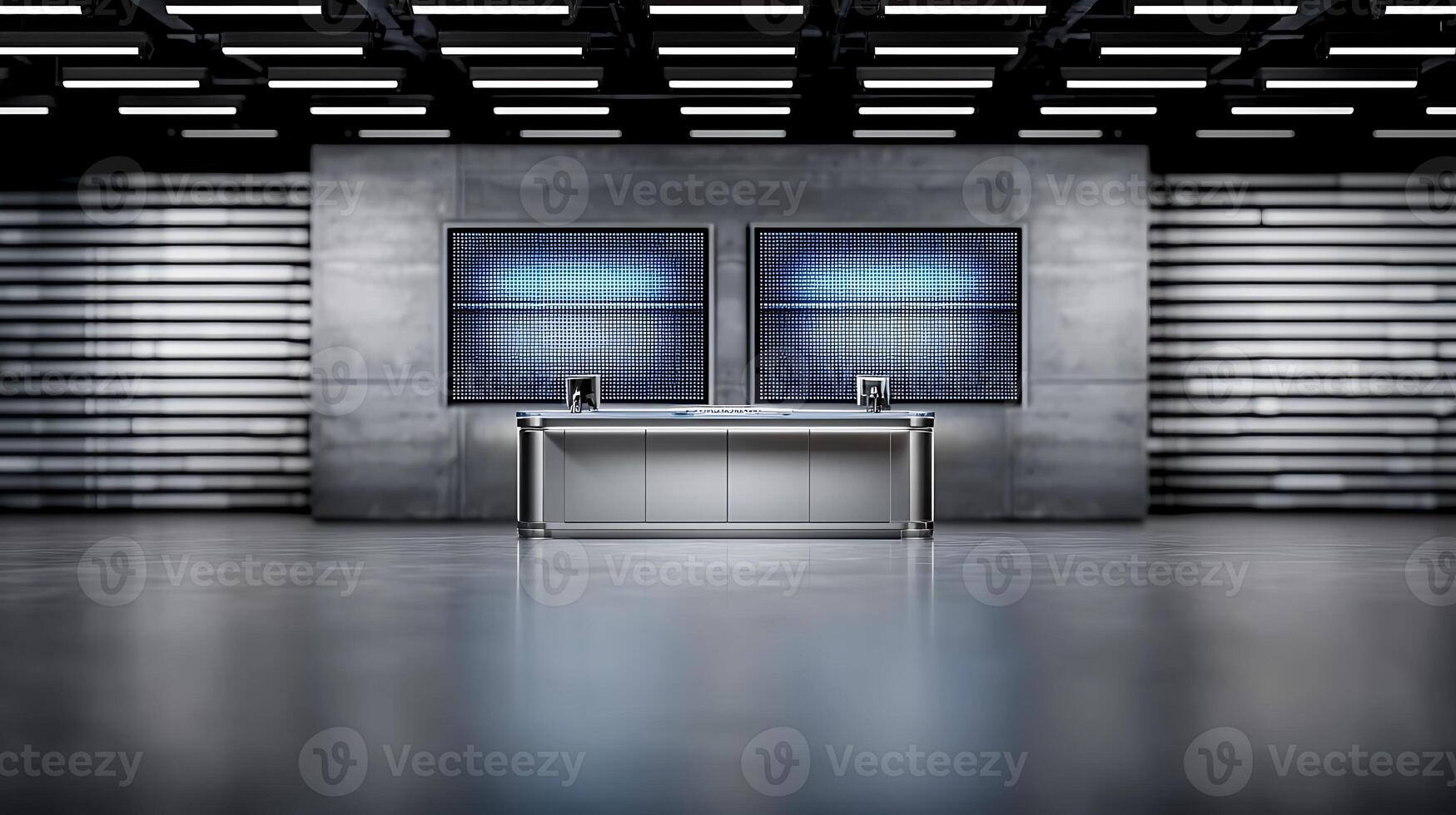 Modern office interior with sleek desk and large screens, showcasing a high-tech workspace photo