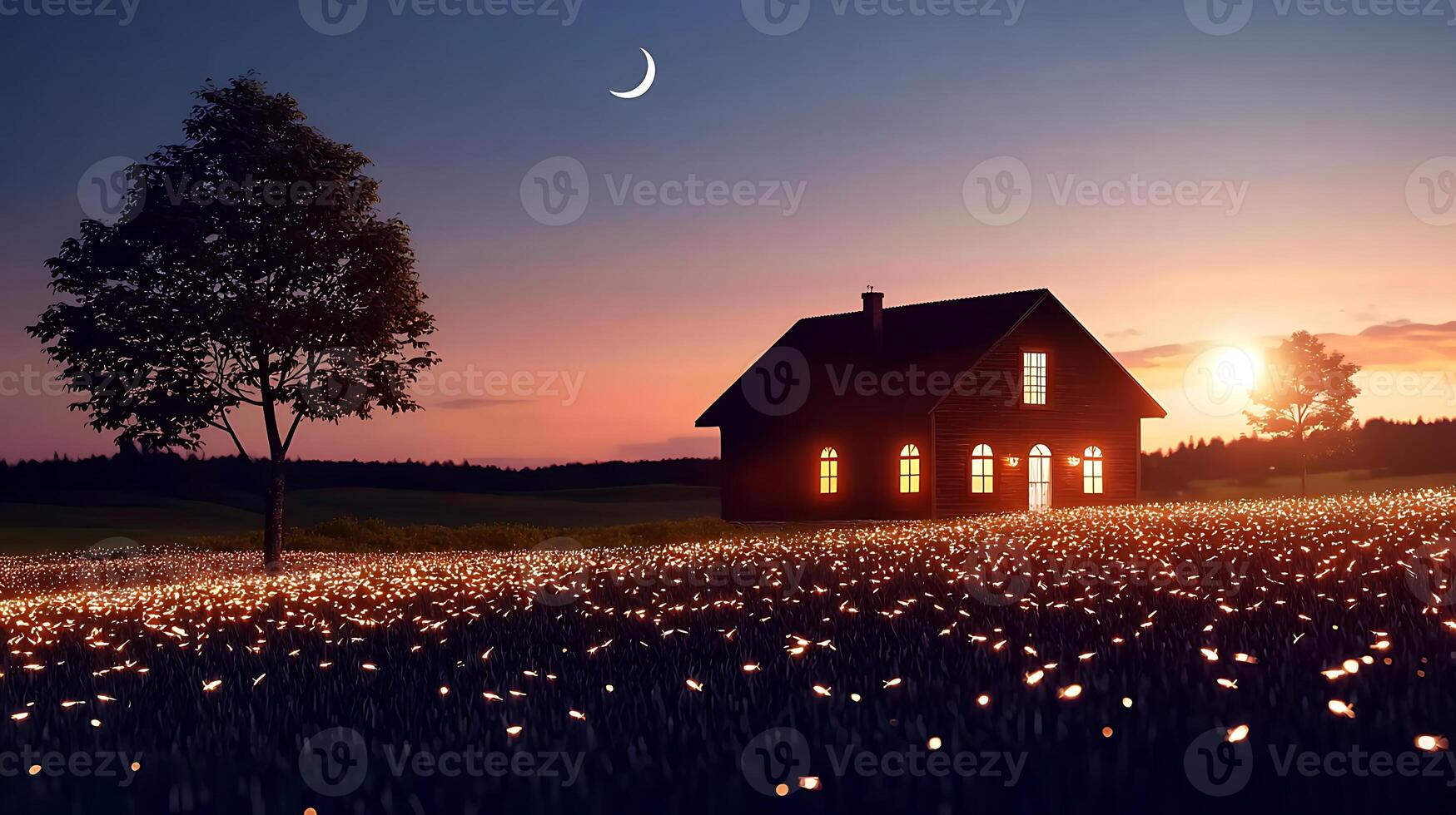 Serene sunset over a countryside house with glowing flowers and a crescent moon in the sky photo