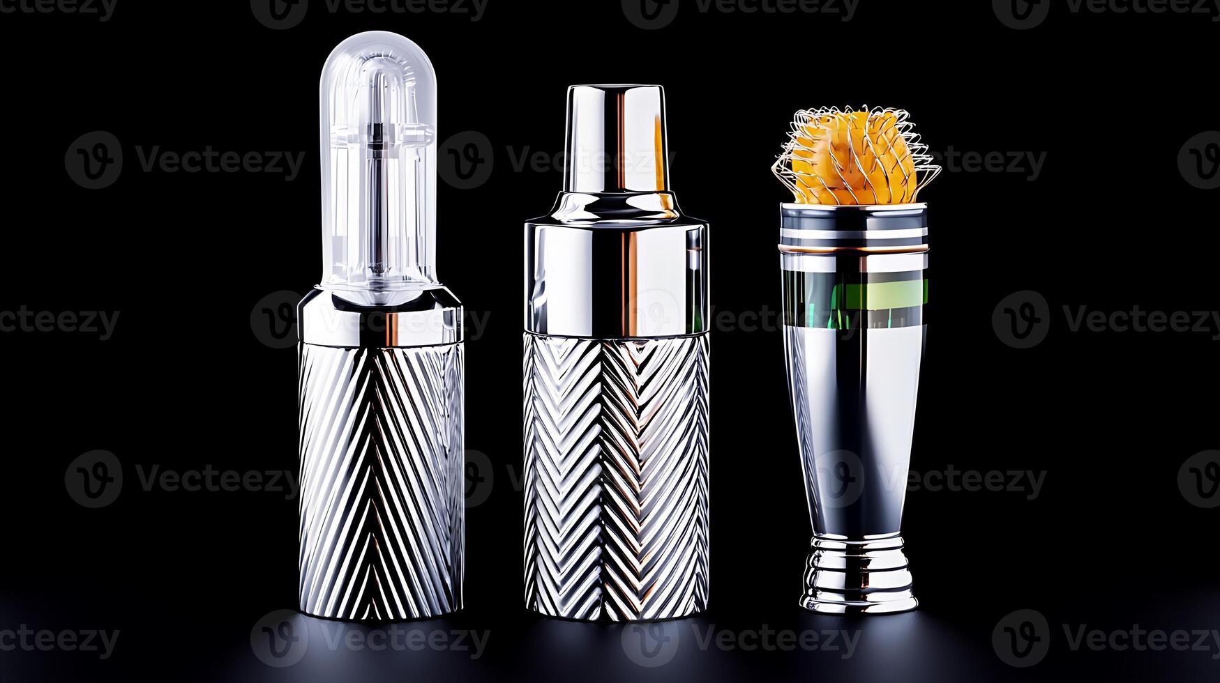Three elegant metallic cocktail shaker tools displayed on a black background, showcasing their unique designs photo