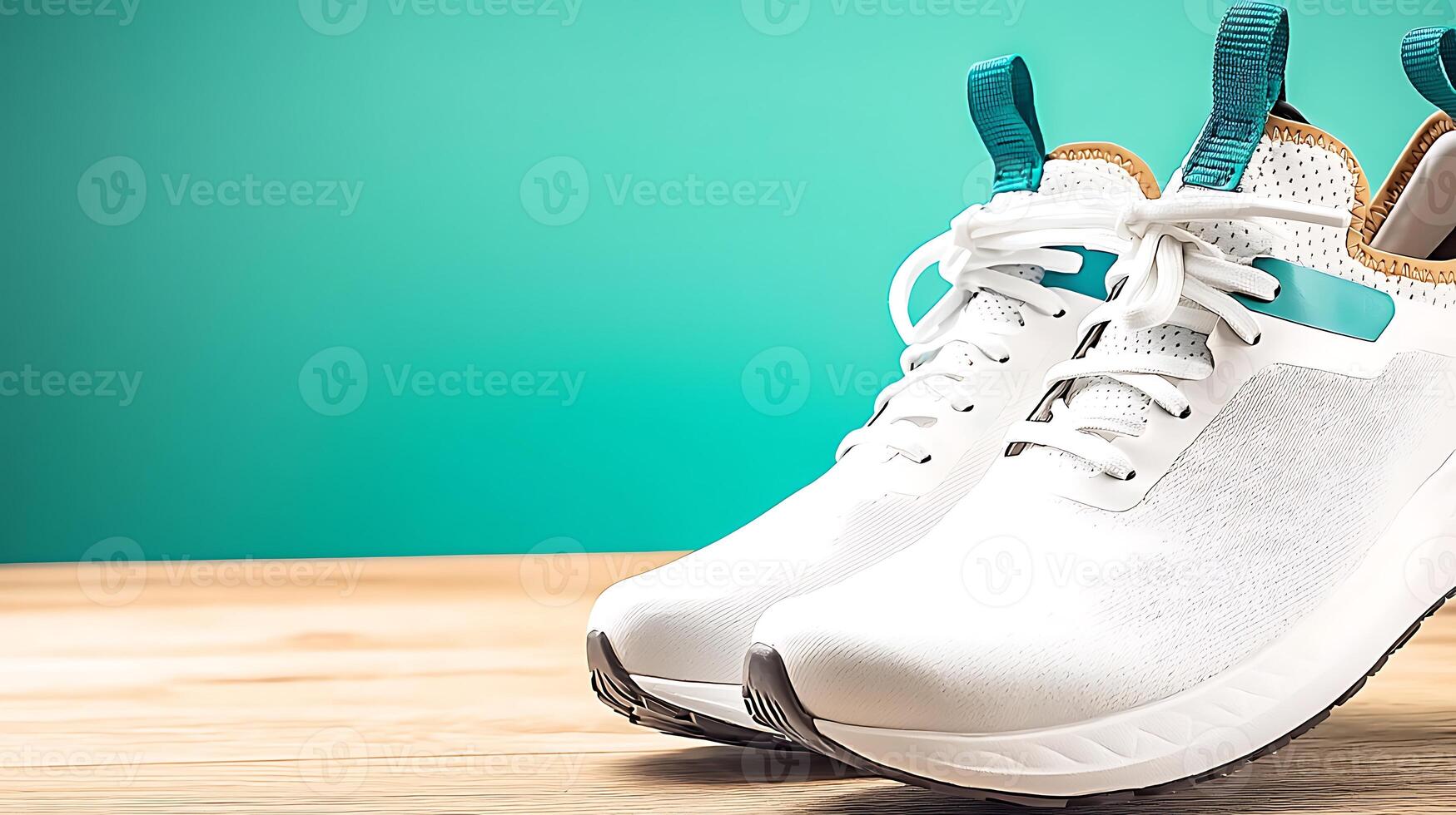 Stylish white sneakers on a wooden surface with a vibrant teal background, showcasing modern design photo