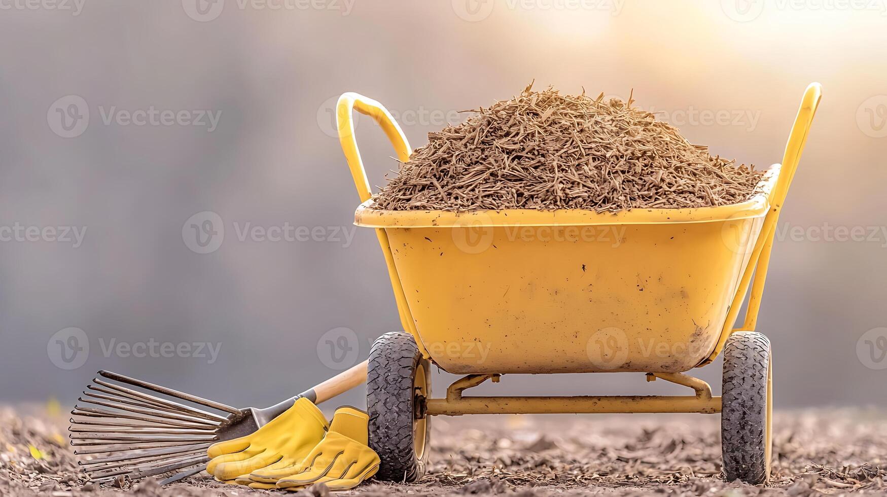 Yellow wheelbarrow filled with soil, gardening tools beside it, set against a blurred background photo