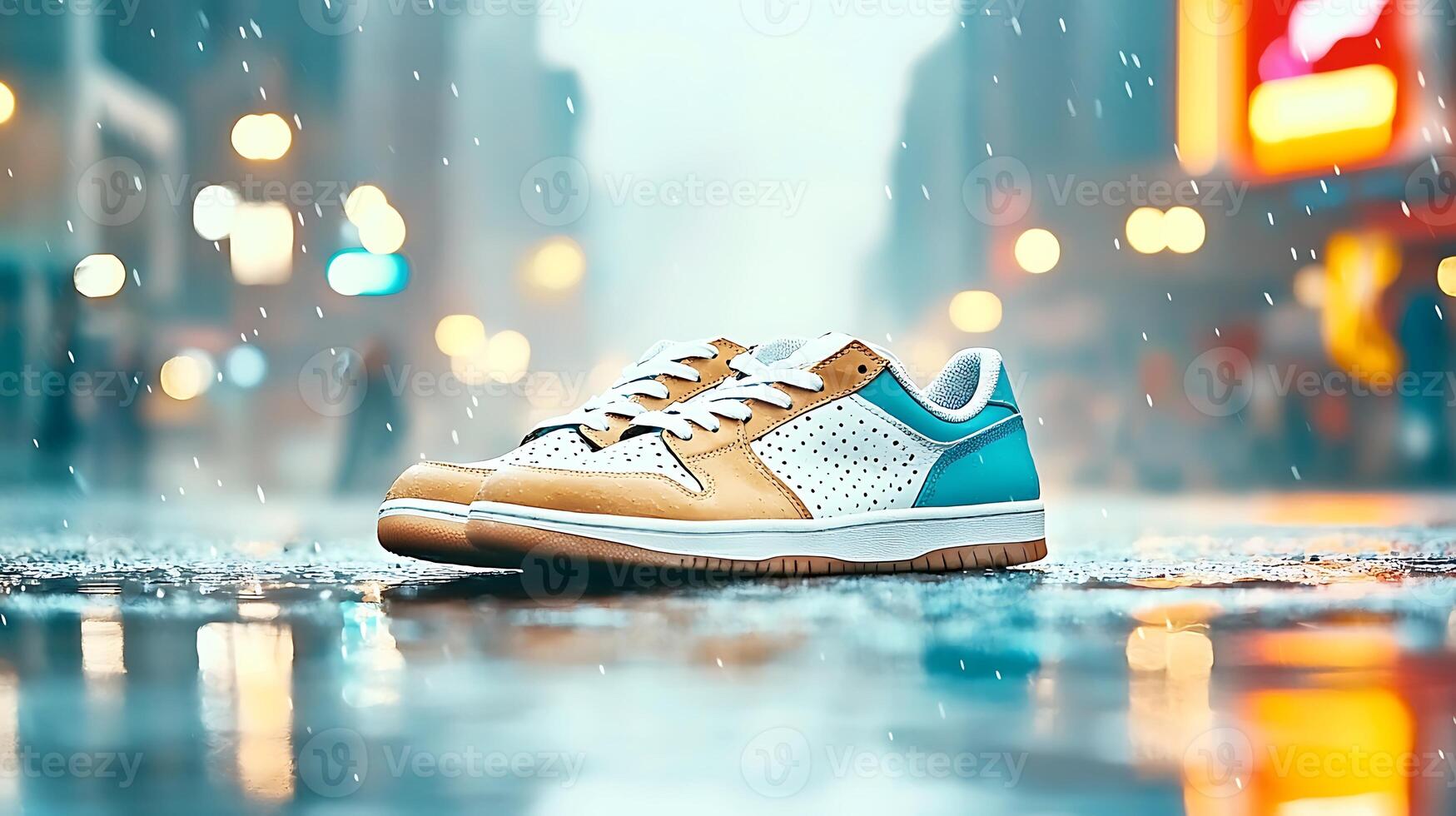 A pair of stylish sneakers resting on a wet city street during a rainy day with blurred lights photo