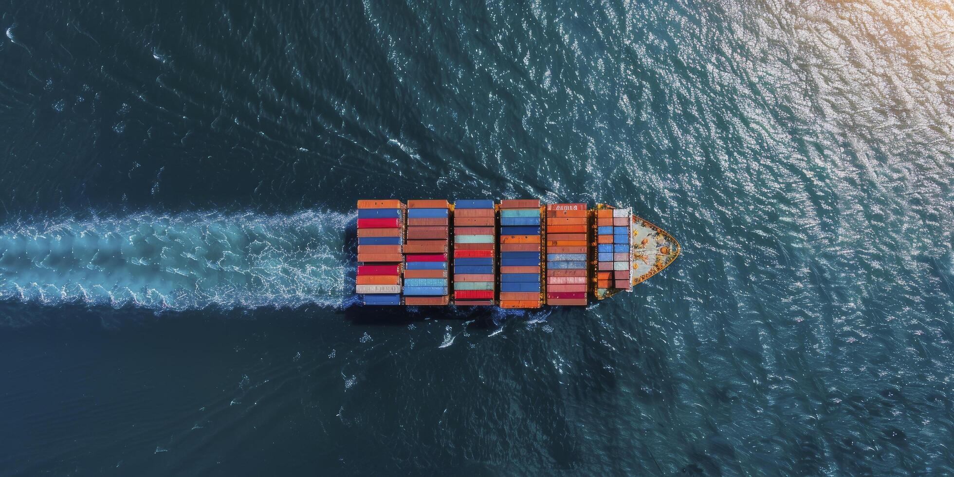 Aerial view of cargo ship with containers sailing in the sea, container transport and global business concept photo