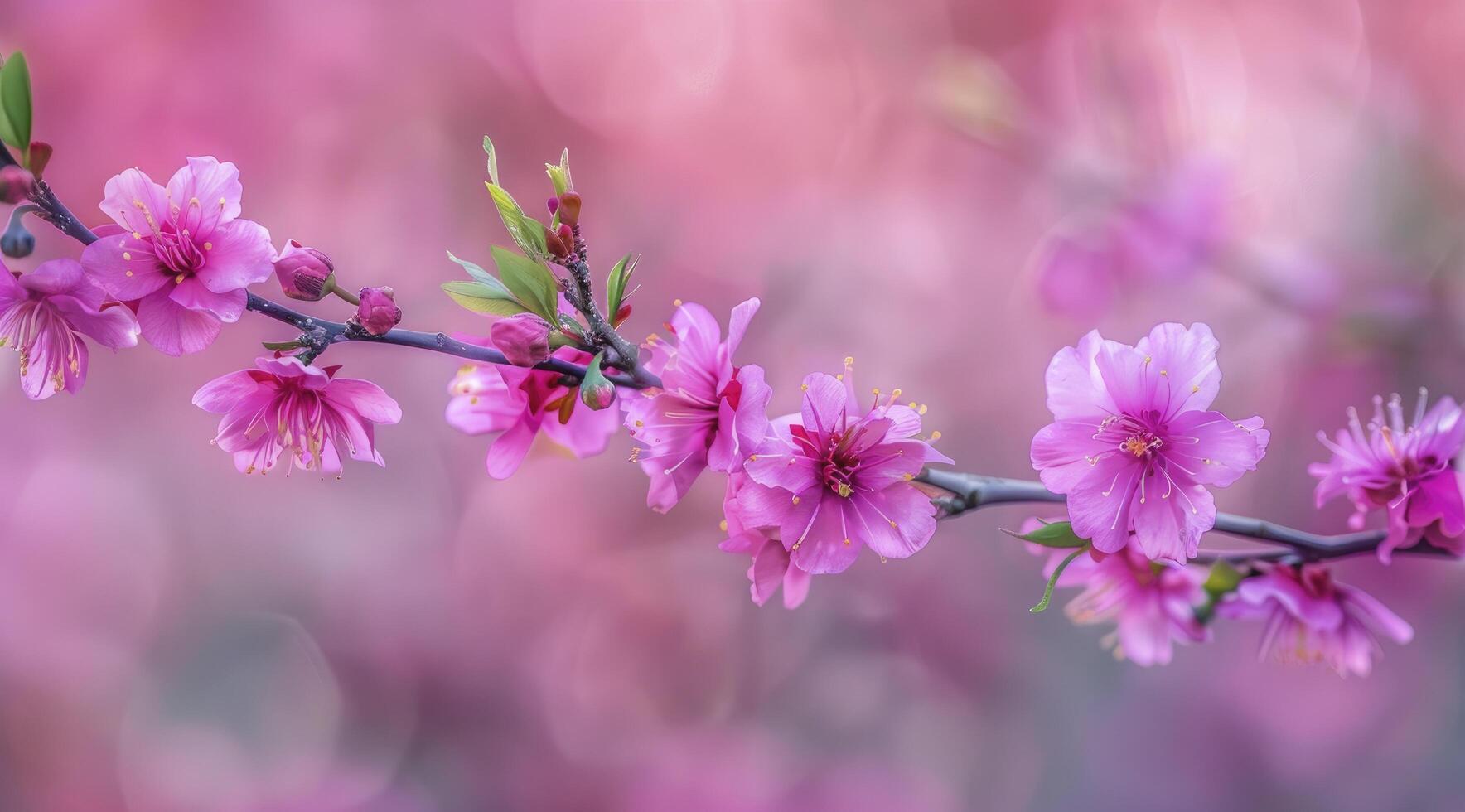 delicate pink peach blossoms on the branch blurred background. photo