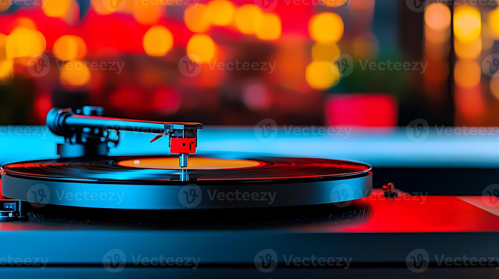 A close-up of a turntable playing a vinyl record, with colorful bokeh lights in the background photo