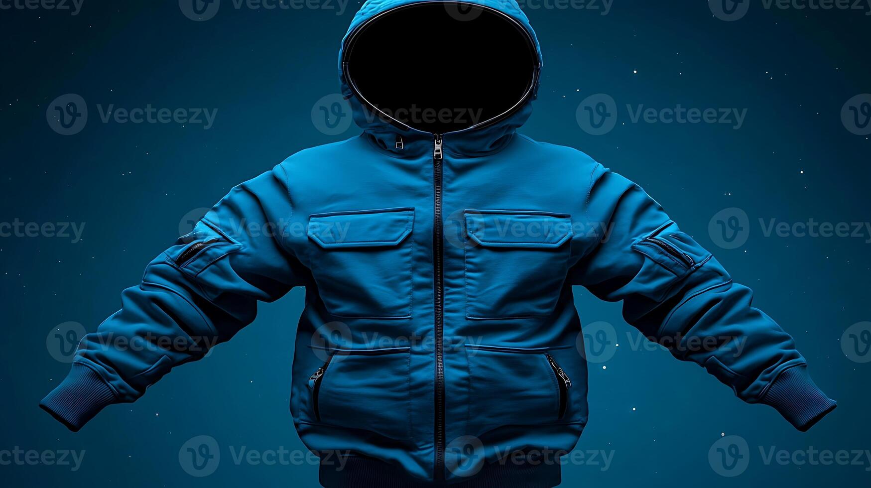 A featureless blue hoodie floats against a starry night sky, creating a mysterious atmosphere photo