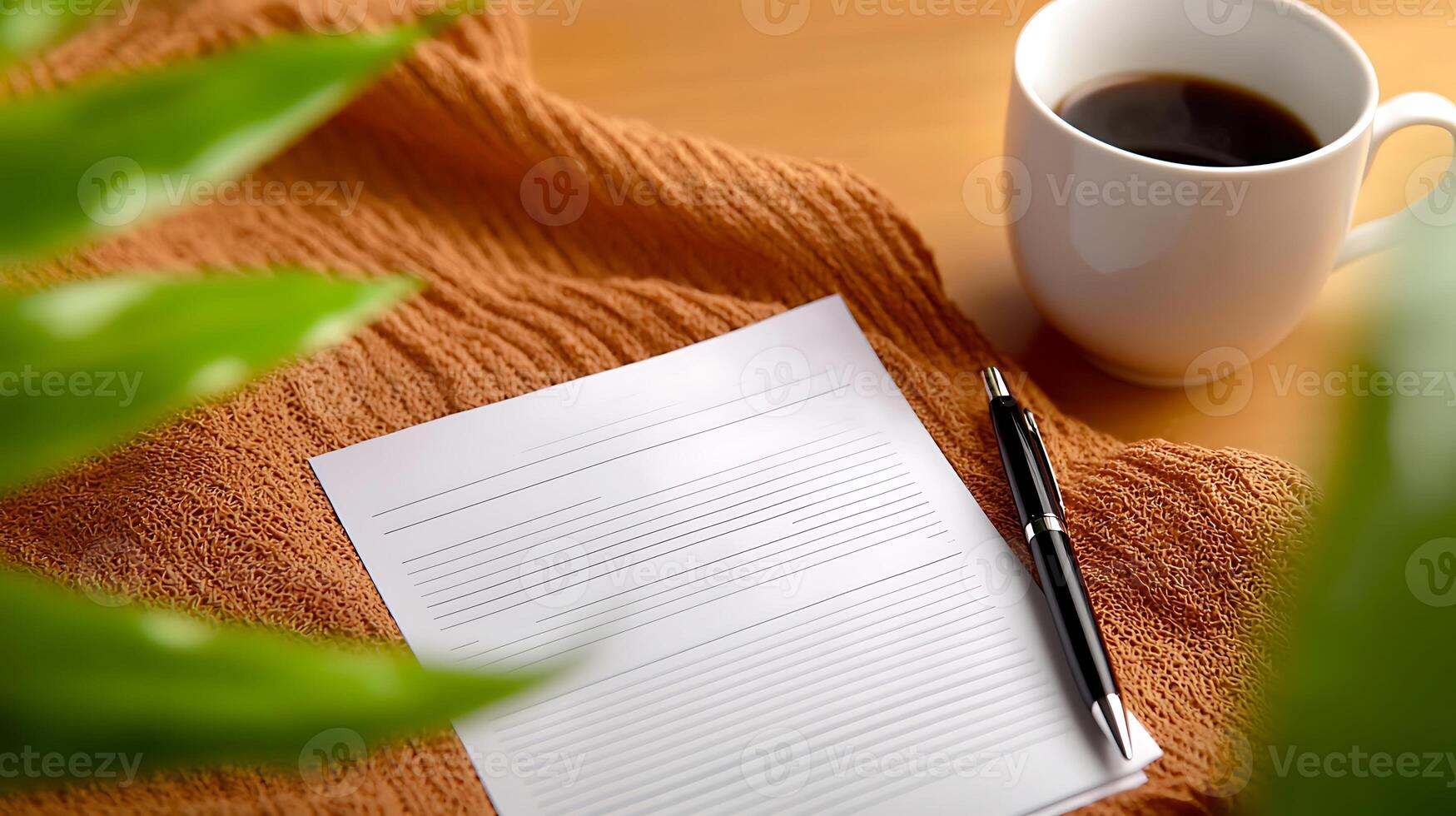 A cozy workspace featuring a blank document, pen, and coffee cup surrounded by greenery photo
